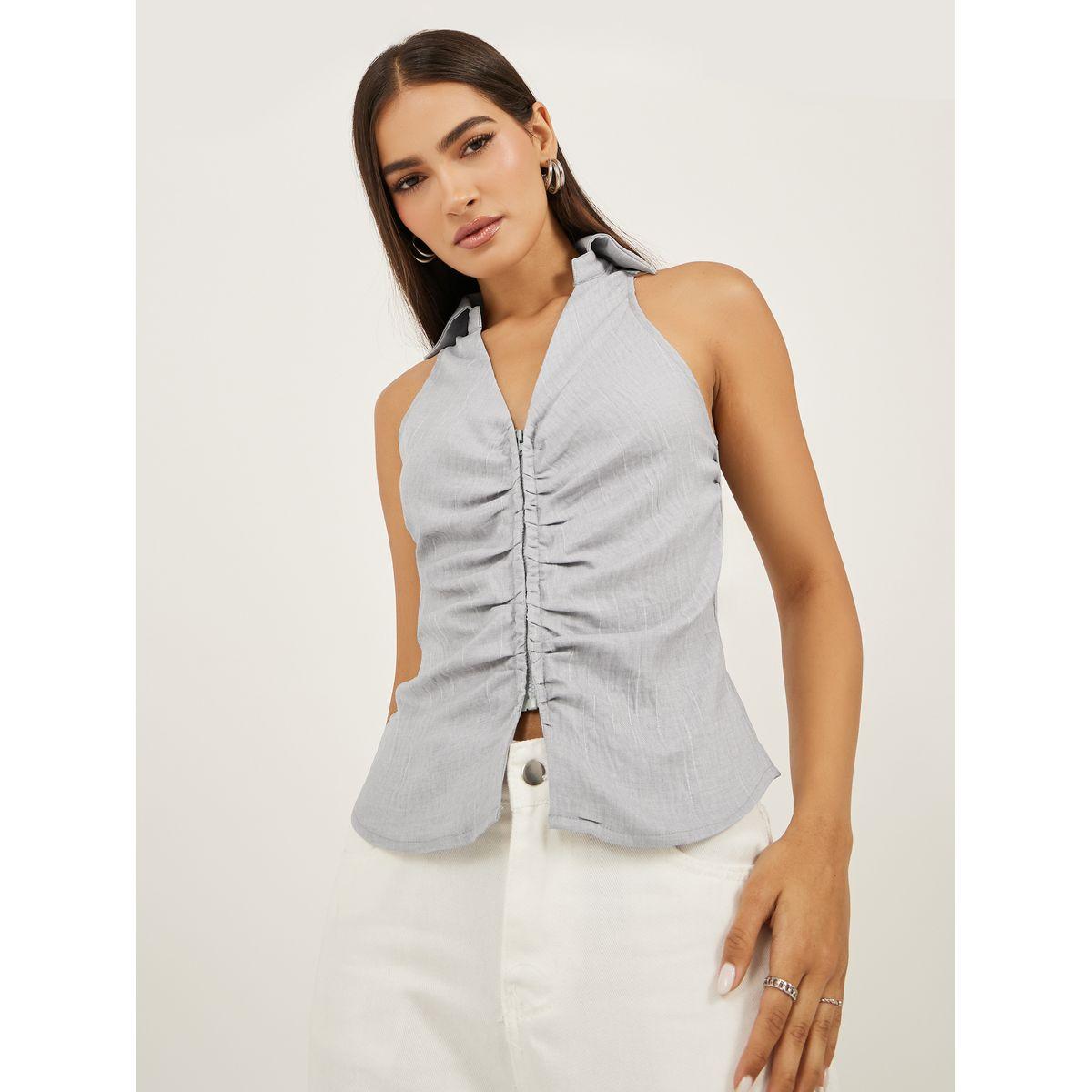 بلوزة بلا أكمام بياقة سبريد وتفاصيل مزمومة-women-clothing-shirtsandblouses-shirts-image-3