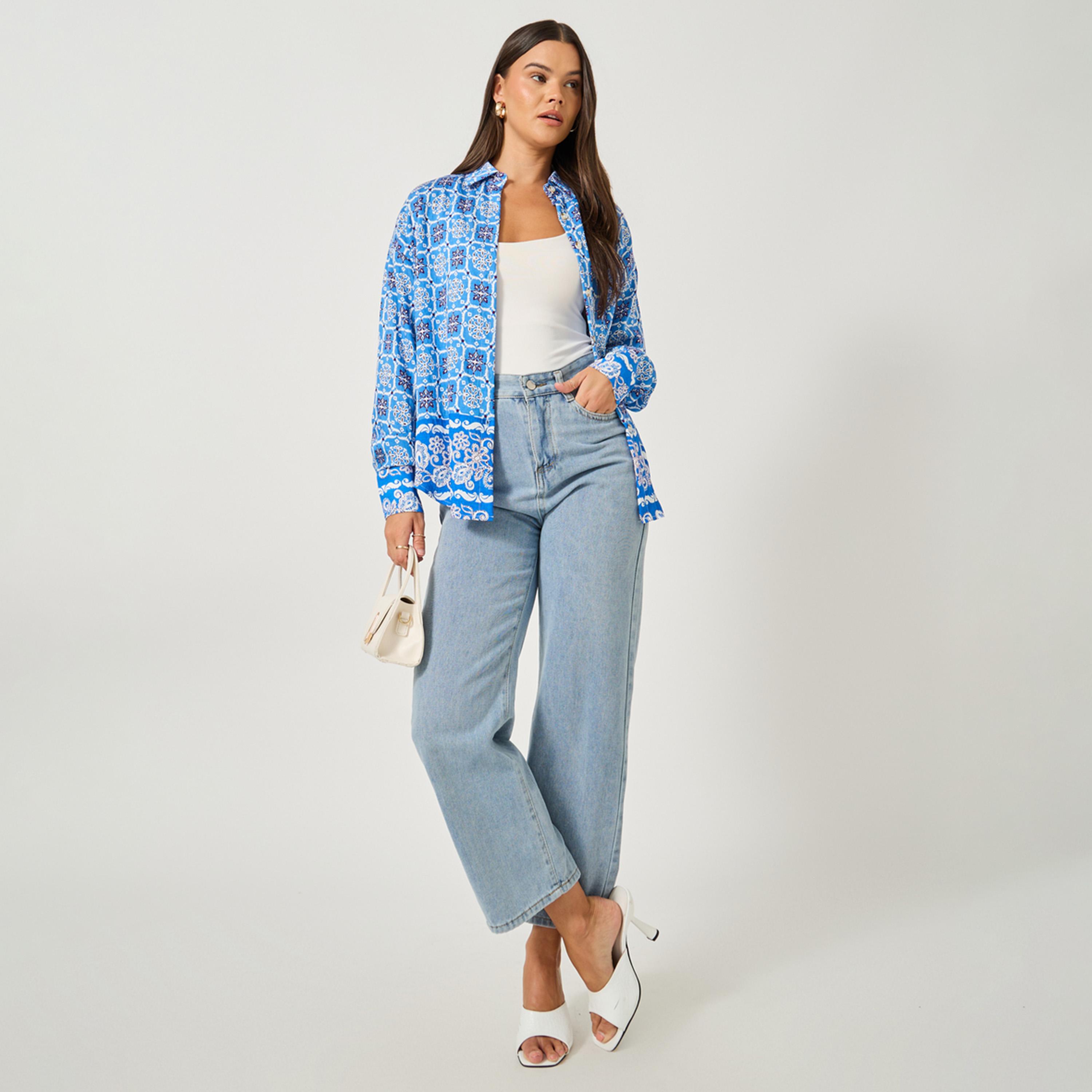 ستايلي - قميص بطباعة كاملة وأكمام طويلة كبير الحجم-women-clothing-shirtsandblouses-shirts-image-2
