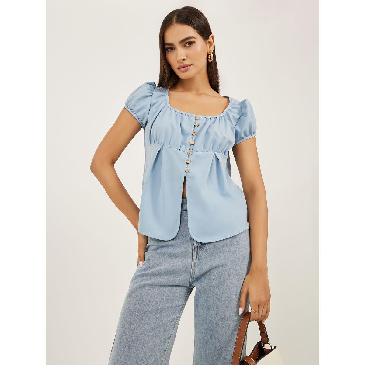 Styli Plain Puff Sleeves Buttoned Top with Gathered Detail-women-clothing-shirtsandblouses-blouses-image-1