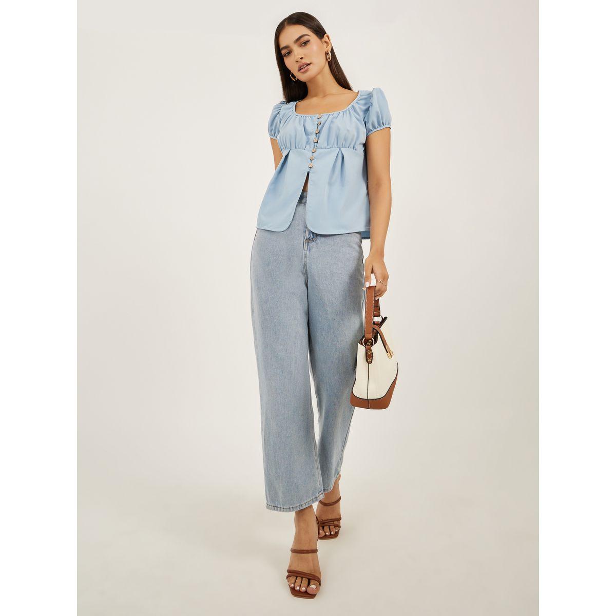 بلوزة سادة بأكمام منفوخة وتفاصيل مُجمعة-women-clothing-shirtsandblouses-blouses-image-2