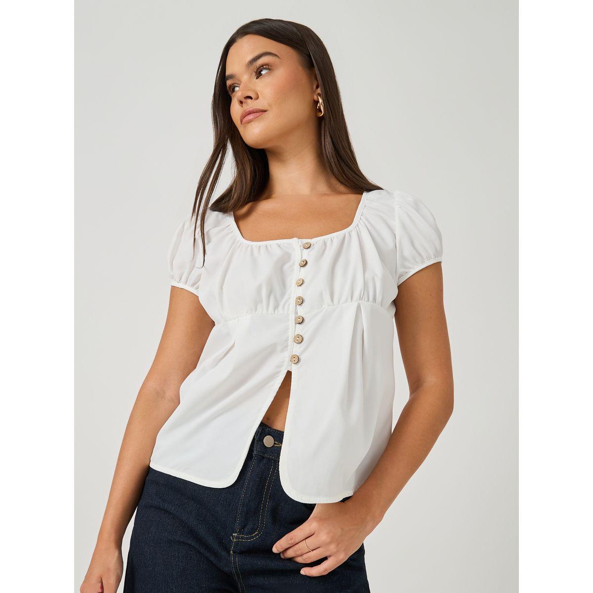 Styli Plain Puff Sleeves Buttoned Top with Gathered Detail-women-clothing-shirtsandblouses-blouses-image-1