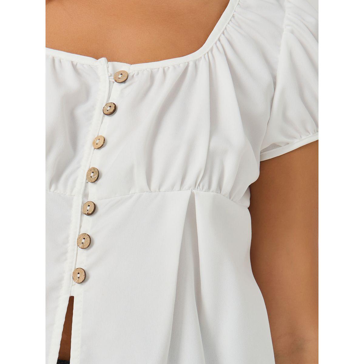 Styli Plain Puff Sleeves Buttoned Top with Gathered Detail-women-clothing-shirtsandblouses-blouses-image-3