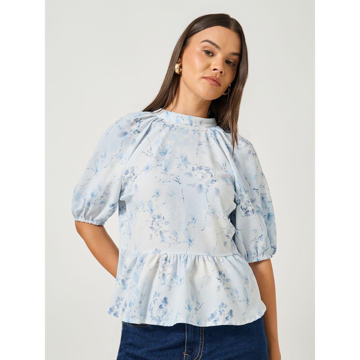 بلوزة بطبعة زهور وأكمام بالون مع ياقة دائرية-women-clothing-shirtsandblouses-blouses-image-1