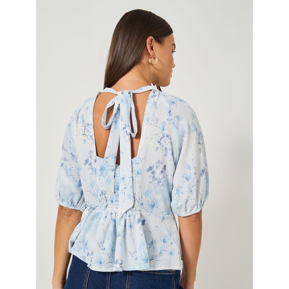 بلوزة بطبعة زهور وأكمام بالون مع ياقة دائرية-women-clothing-shirtsandblouses-blouses-image-5