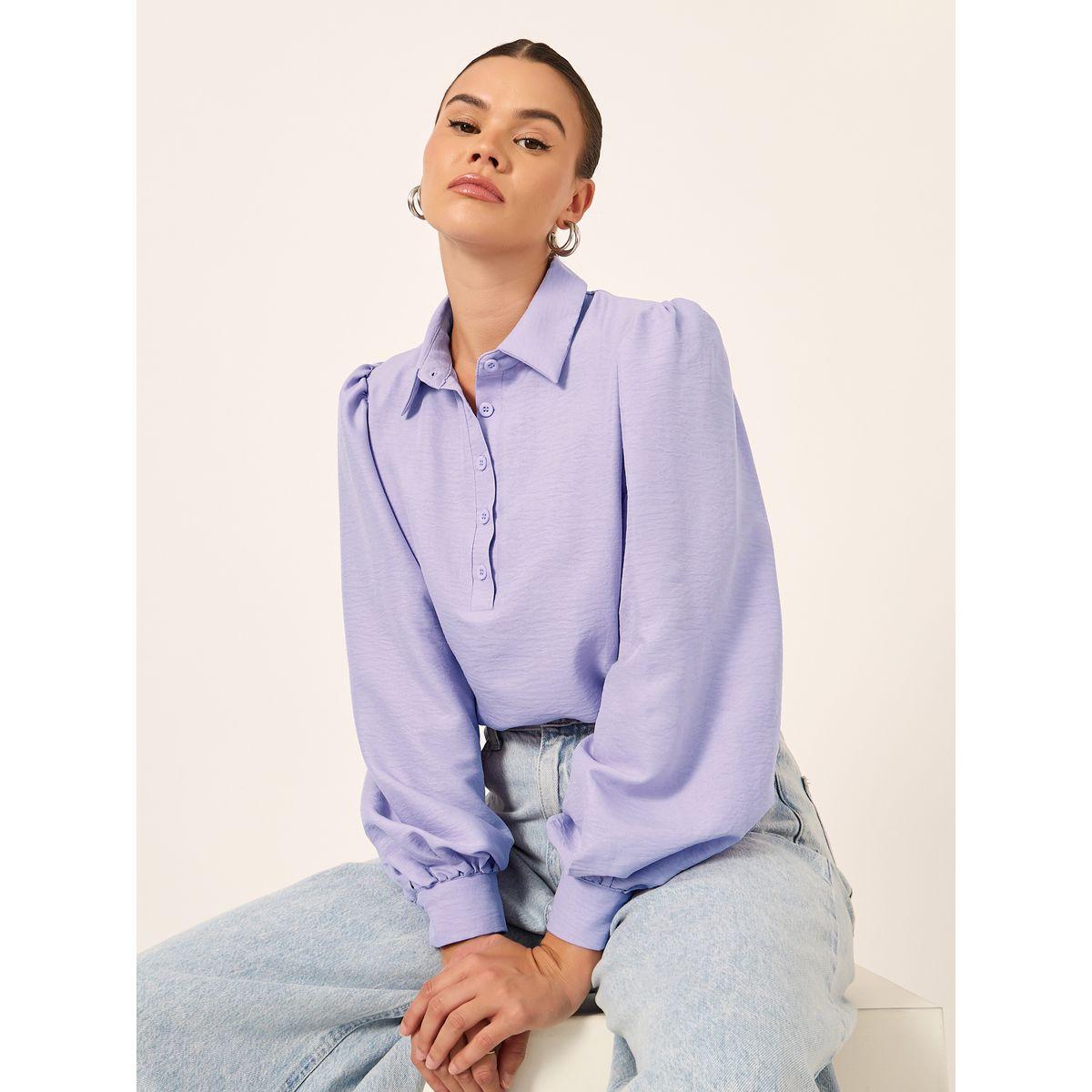 Styli Balloon Sleeve Textured Spread Collar Shirt-women-clothing-shirtsandblouses-shirts-image-1
