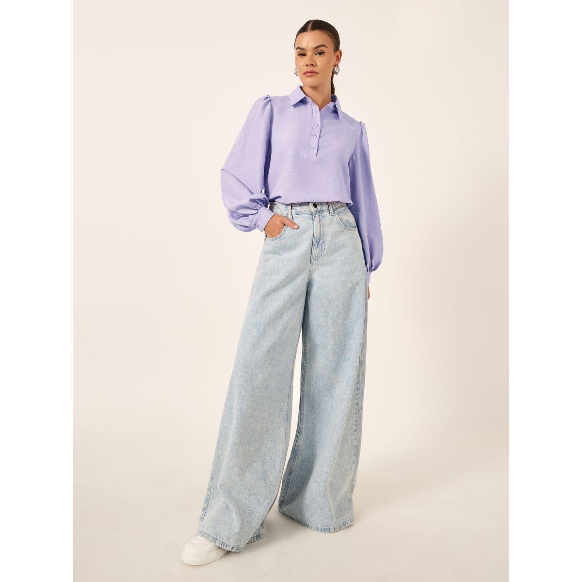 Styli Balloon Sleeve Textured Spread Collar Shirt-women-clothing-shirtsandblouses-shirts-image-2