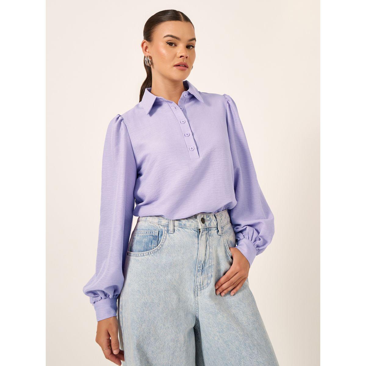 Styli Balloon Sleeve Textured Spread Collar Shirt-women-clothing-shirtsandblouses-shirts-image-4