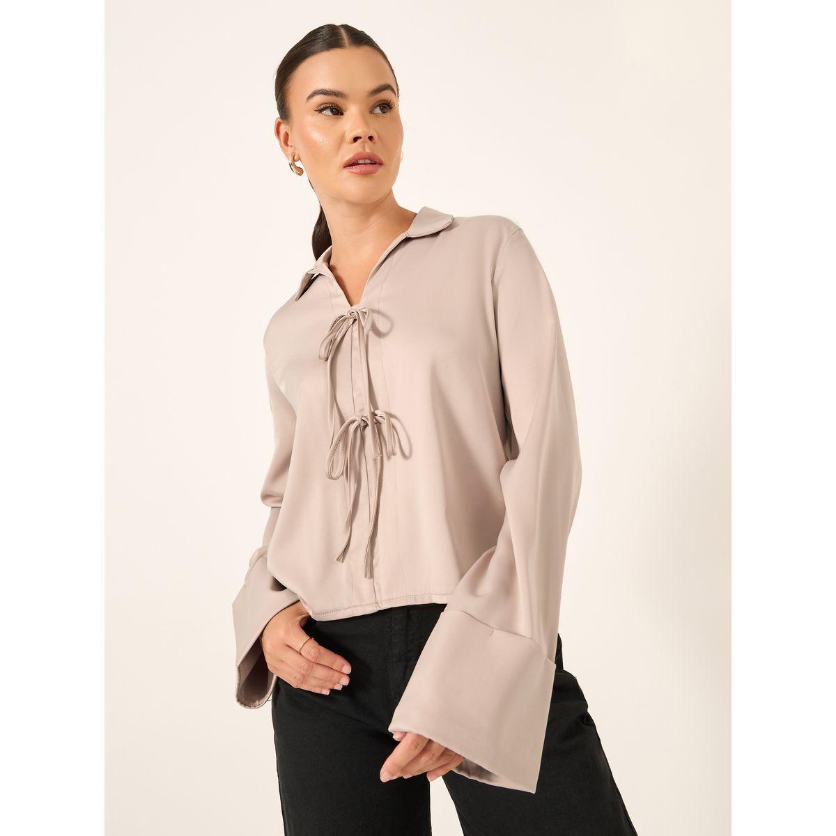 Styli Oversized Tie-Up Detail Spread Collar Shirt-women-clothing-shirtsandblouses-shirts-image-1