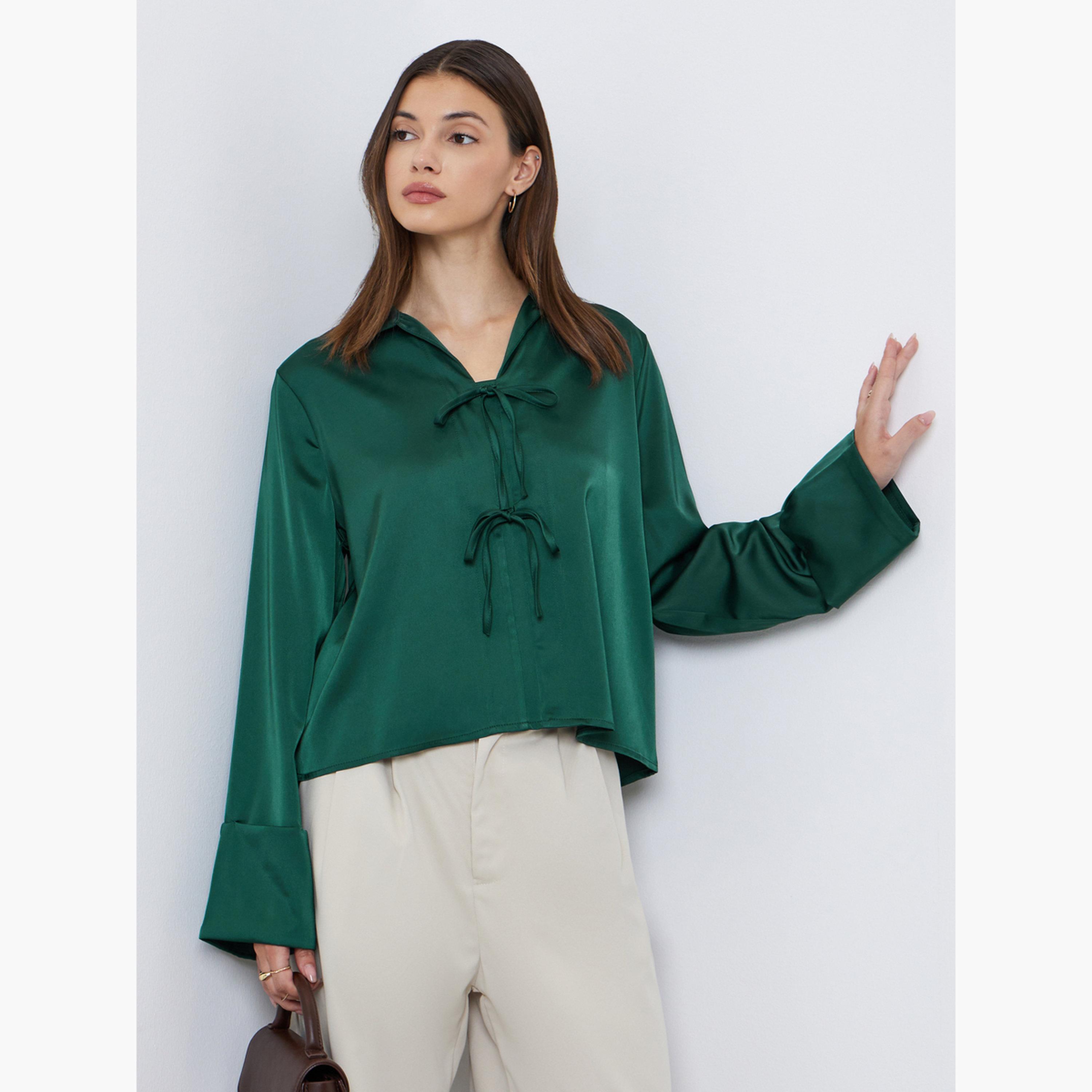 ستايلي - قميص نسائي أخضر برباط أمامي بثنيات على الأكمام-women-clothing-shirtsandblouses-shirts-image-1