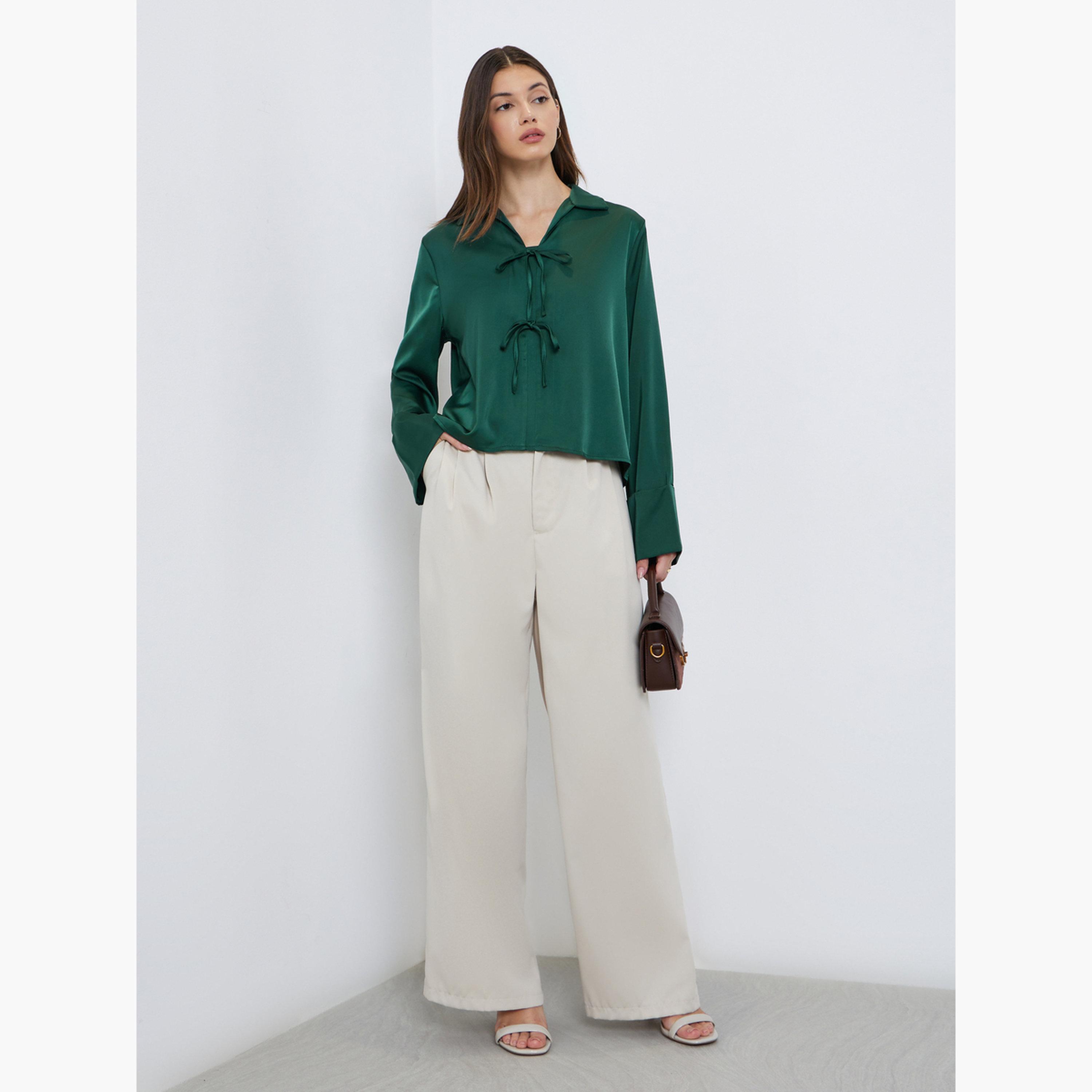 ستايلي - قميص نسائي أخضر برباط أمامي بثنيات على الأكمام-women-clothing-shirtsandblouses-shirts-image-2