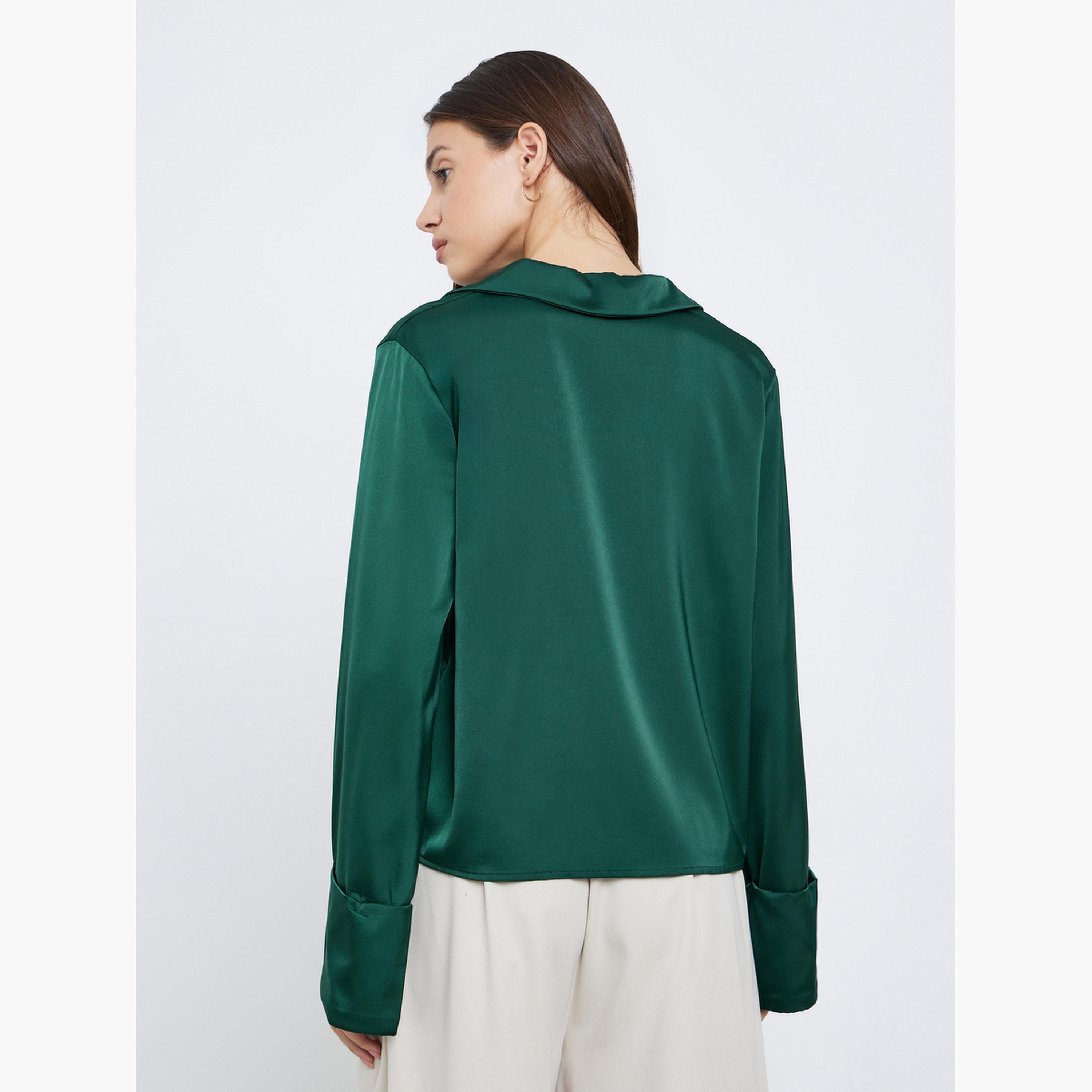 ستايلي - قميص نسائي أخضر برباط أمامي بثنيات على الأكمام-women-clothing-shirtsandblouses-shirts-image-3
