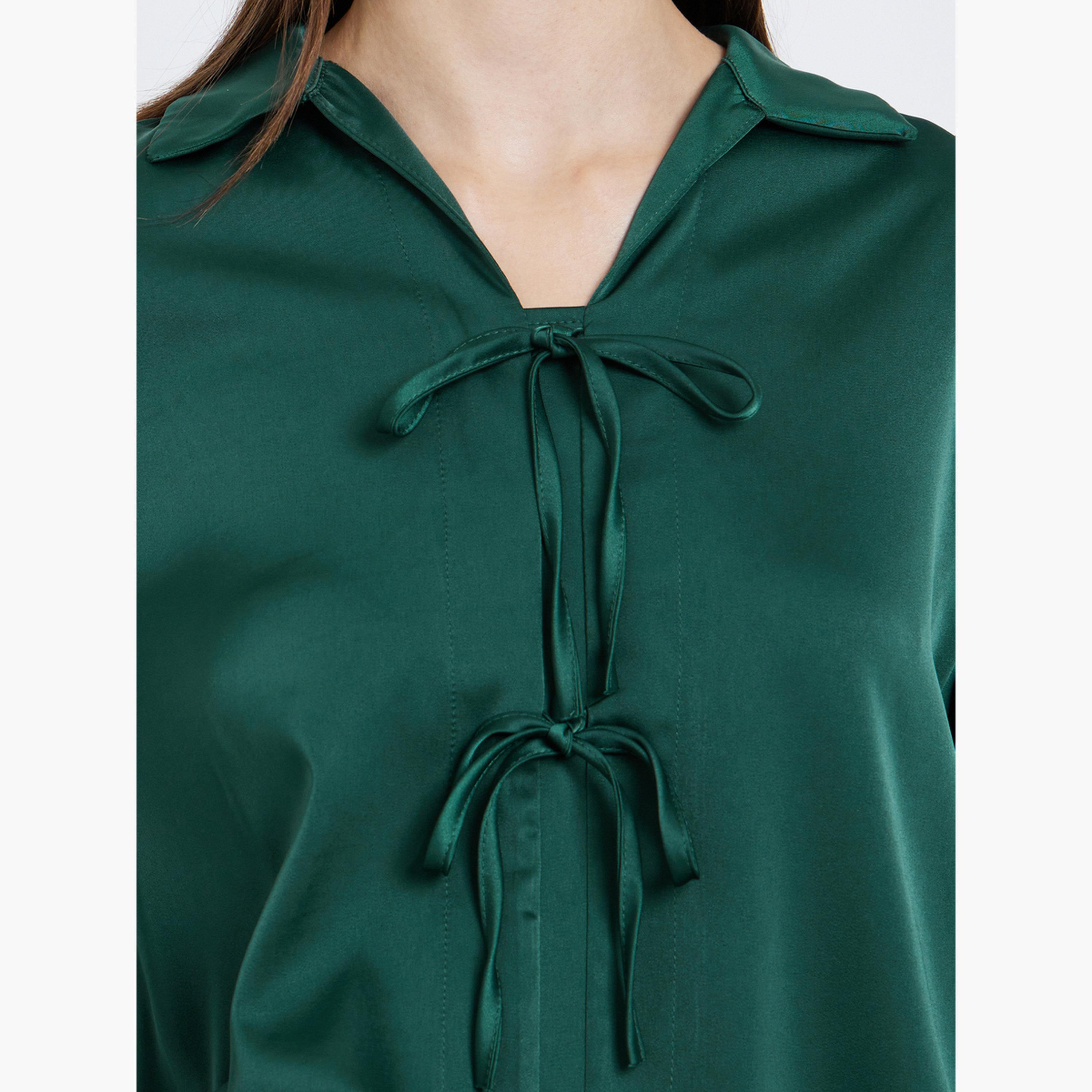 ستايلي - قميص نسائي أخضر برباط أمامي بثنيات على الأكمام-women-clothing-shirtsandblouses-shirts-image-4
