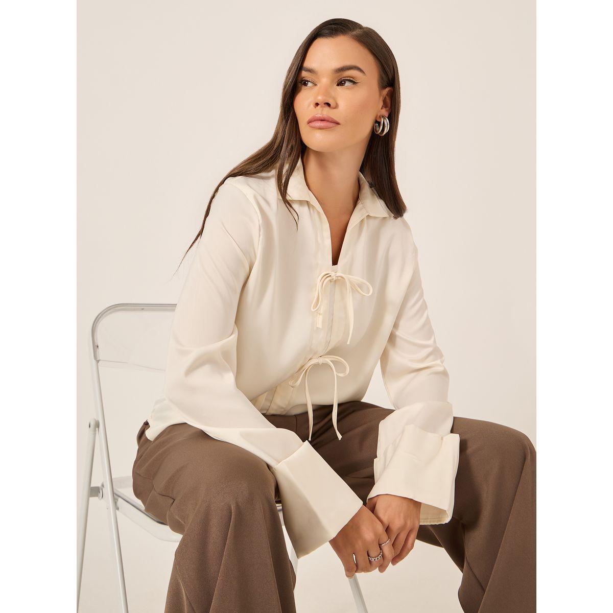 Styli Oversized Spread Collar Shirt with Tie-Up Detail-women-clothing-shirtsandblouses-shirts-image-1