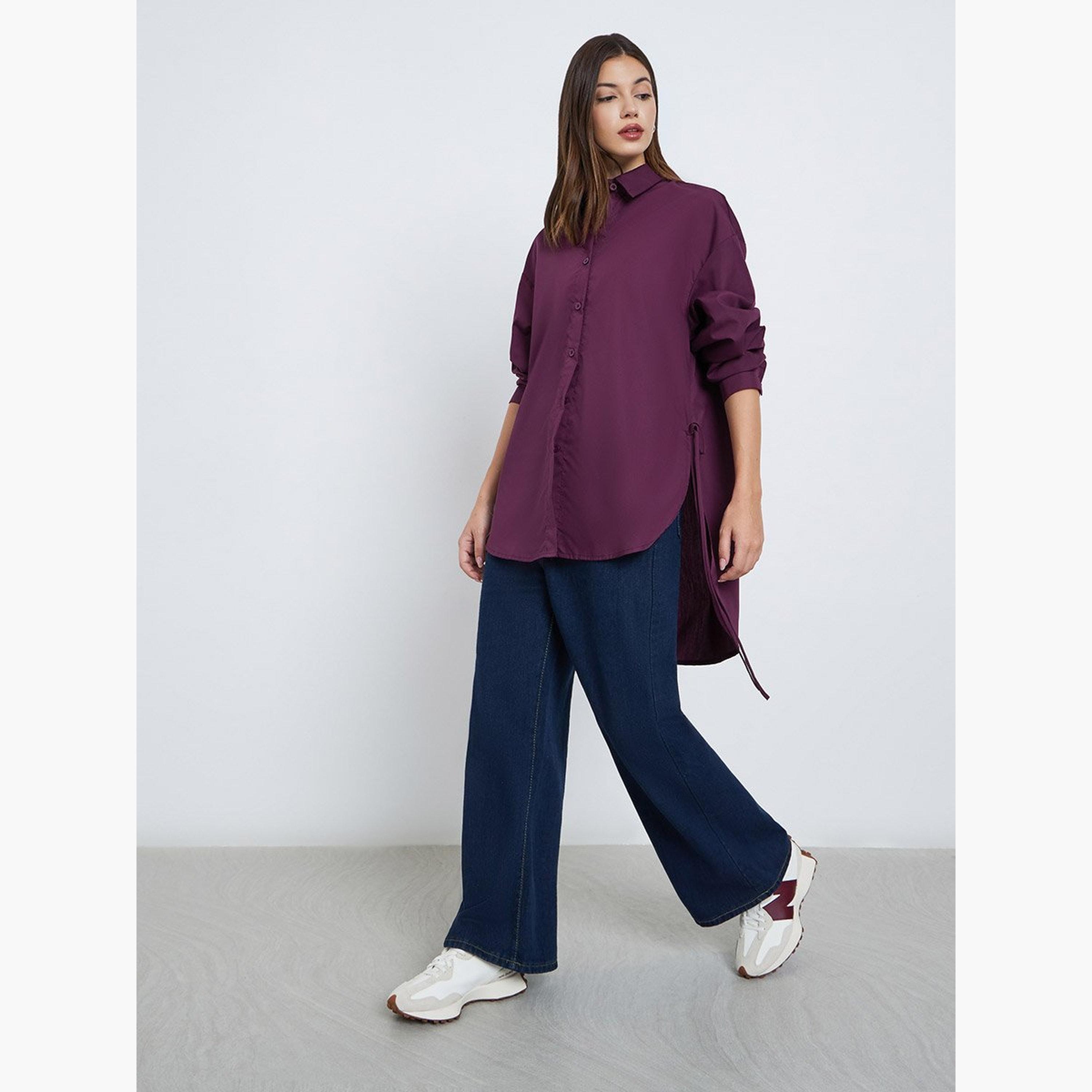 Styli Oversized High-Low Hem Shirt with Tie Detail-women-clothing-shirtsandblouses-shirts-image-2