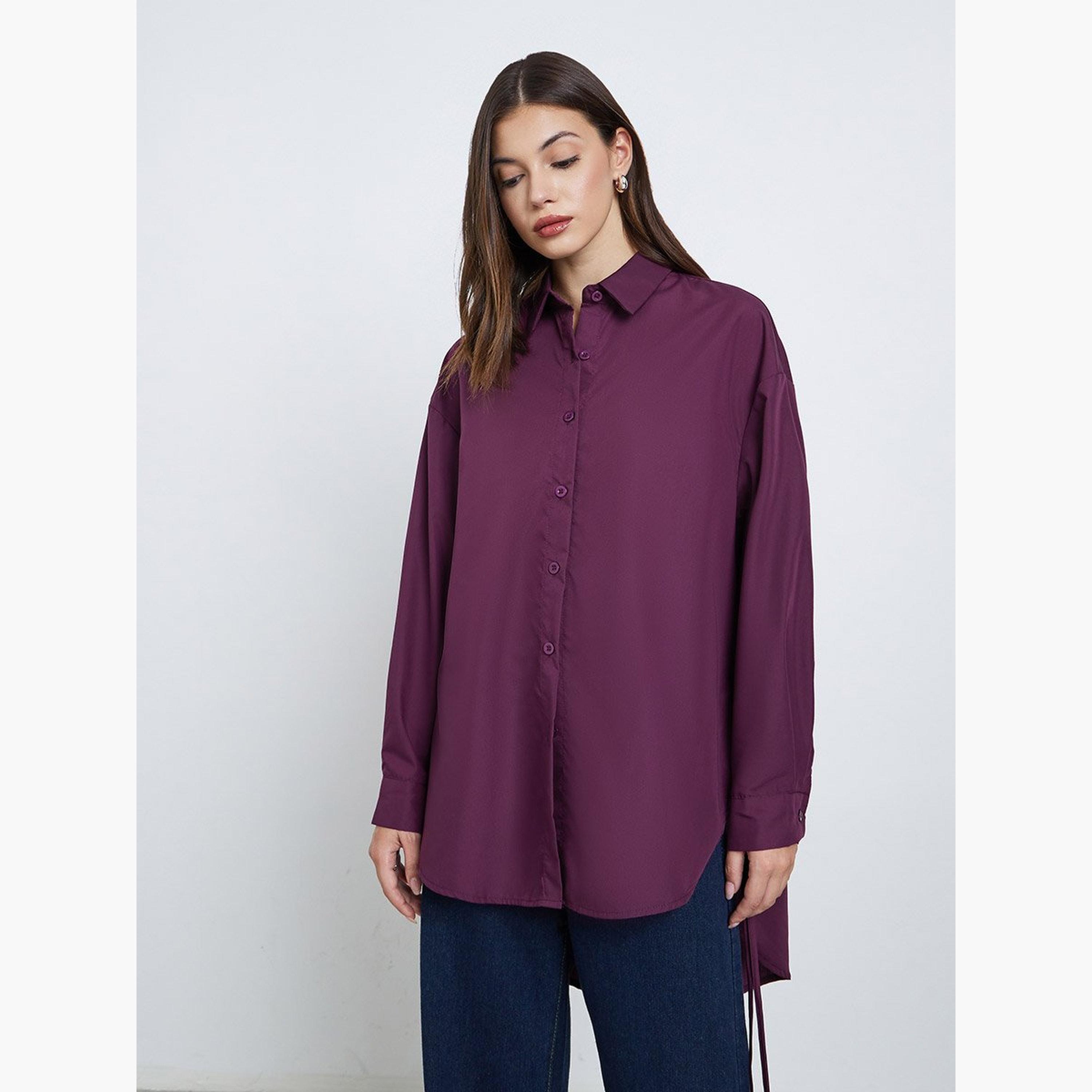 Styli Oversized High-Low Hem Shirt with Tie Detail-women-clothing-shirtsandblouses-shirts-image-3