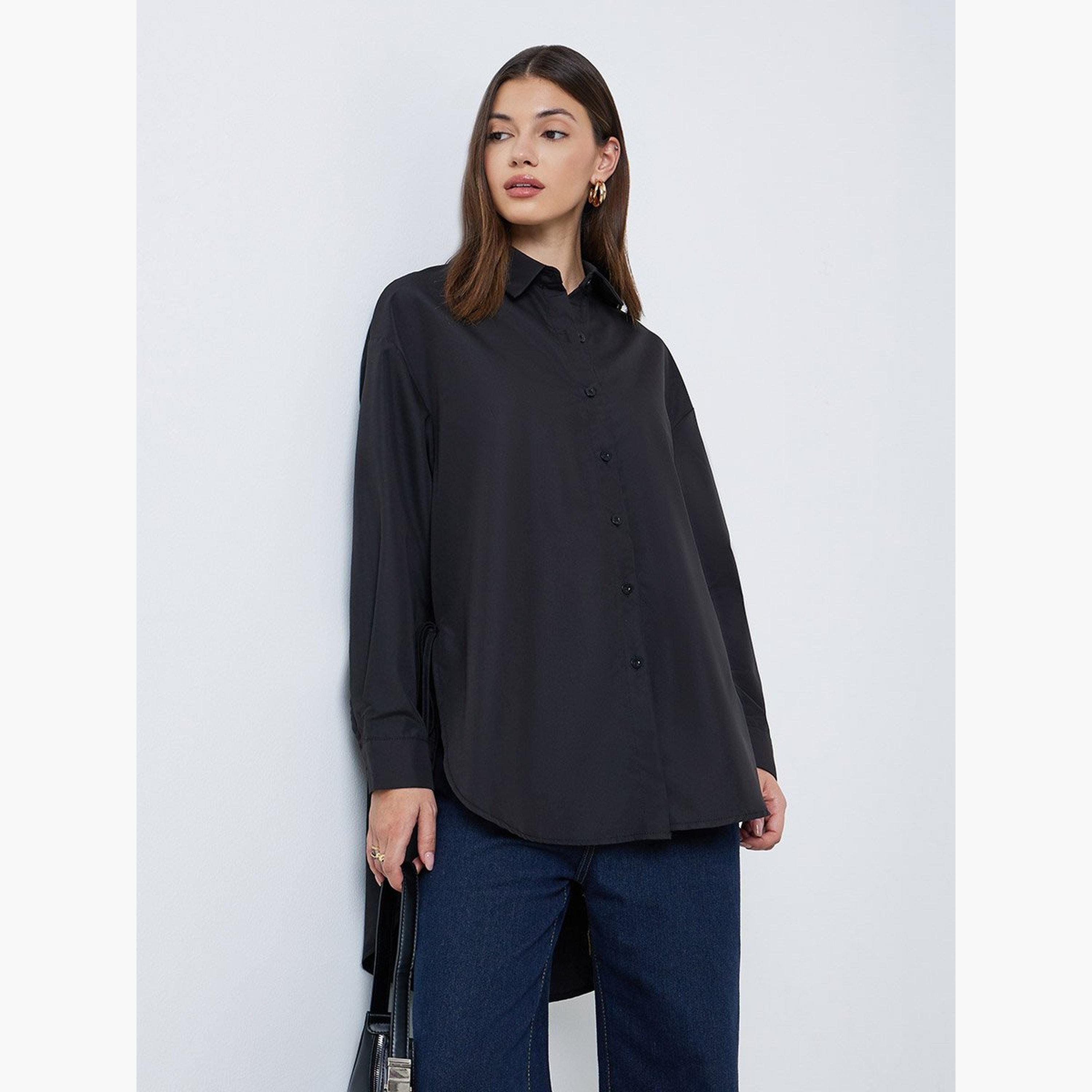 ستايلي - قميص مقاس كبير بحاشية عالية ومنخفضة مع ربطة عنق-women-clothing-shirtsandblouses-shirts-image-1