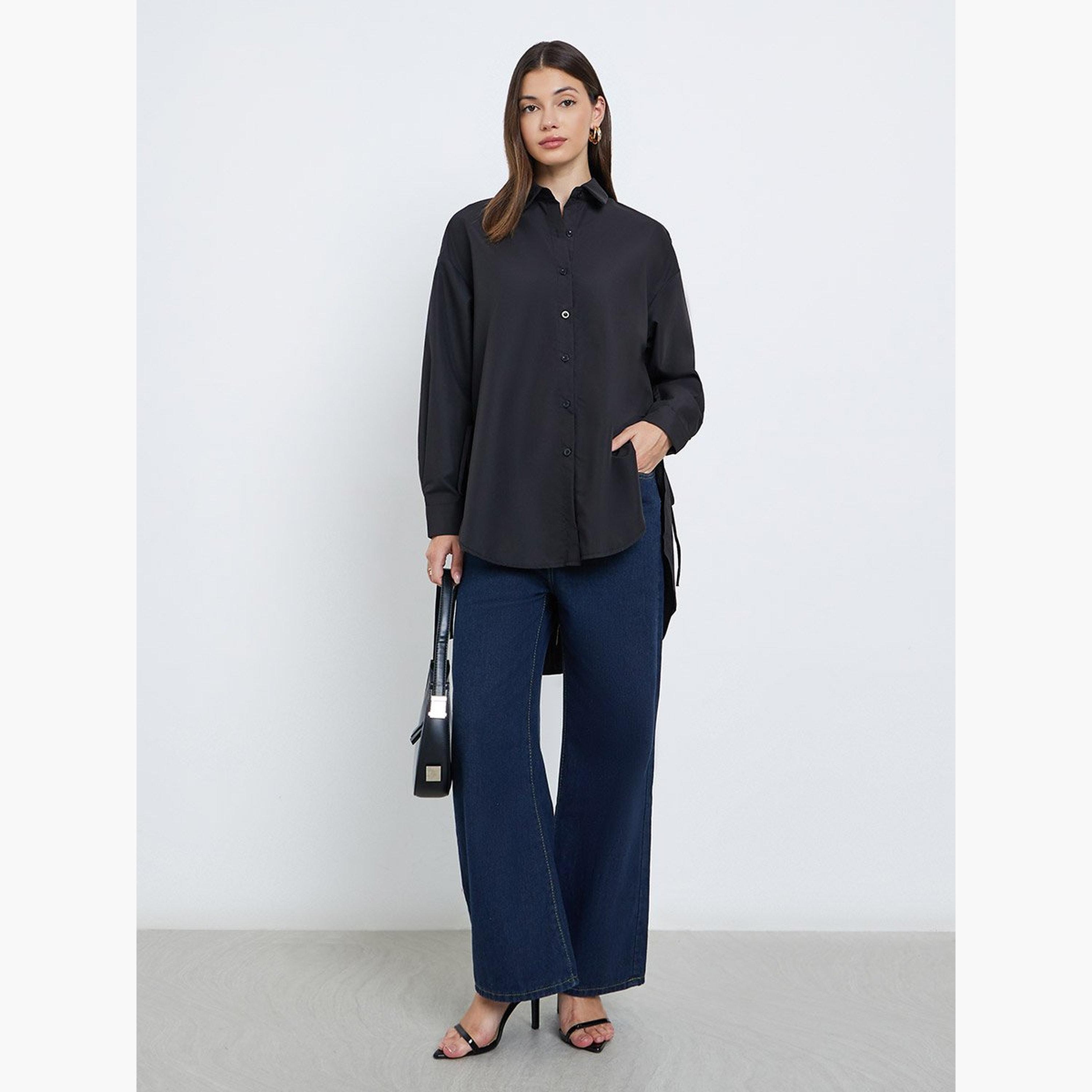 ستايلي - قميص مقاس كبير بحاشية عالية ومنخفضة مع ربطة عنق-women-clothing-shirtsandblouses-shirts-image-2