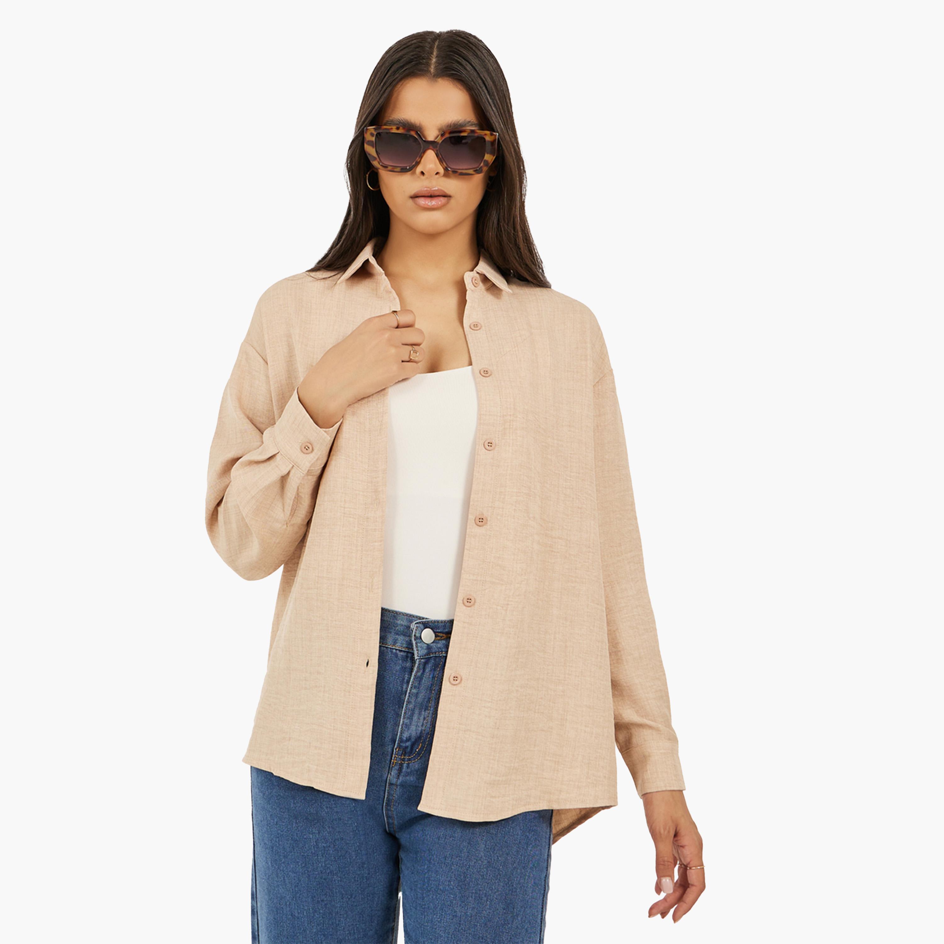 Styli Regular Fit Spread Collar Shirt with Back Button Detail-women-clothing-shirtsandblouses-shirts-image-1