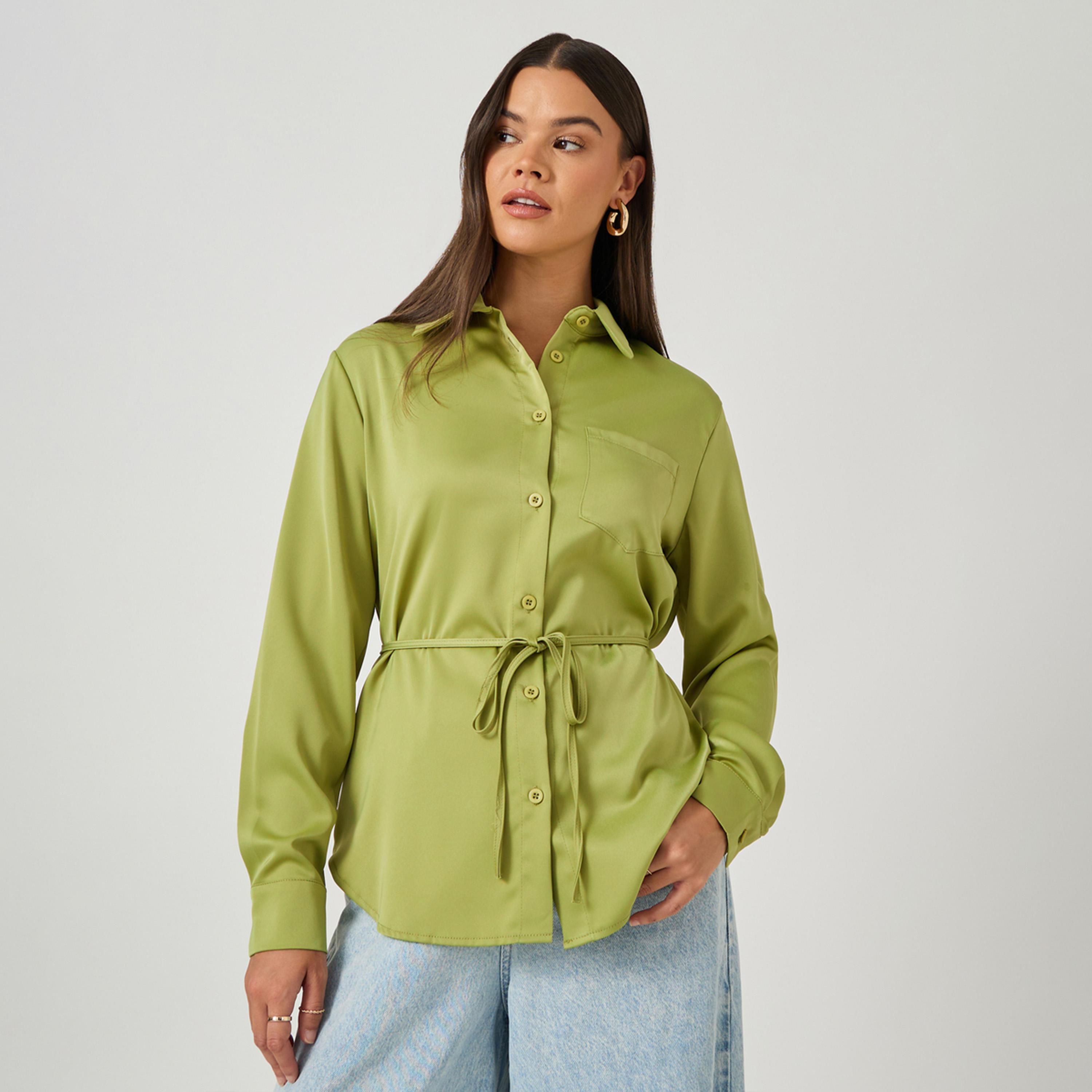 Styli Solid Regular Fit Spread Collar Shirt with Belt Detail-women-clothing-shirtsandblouses-shirts-image-1