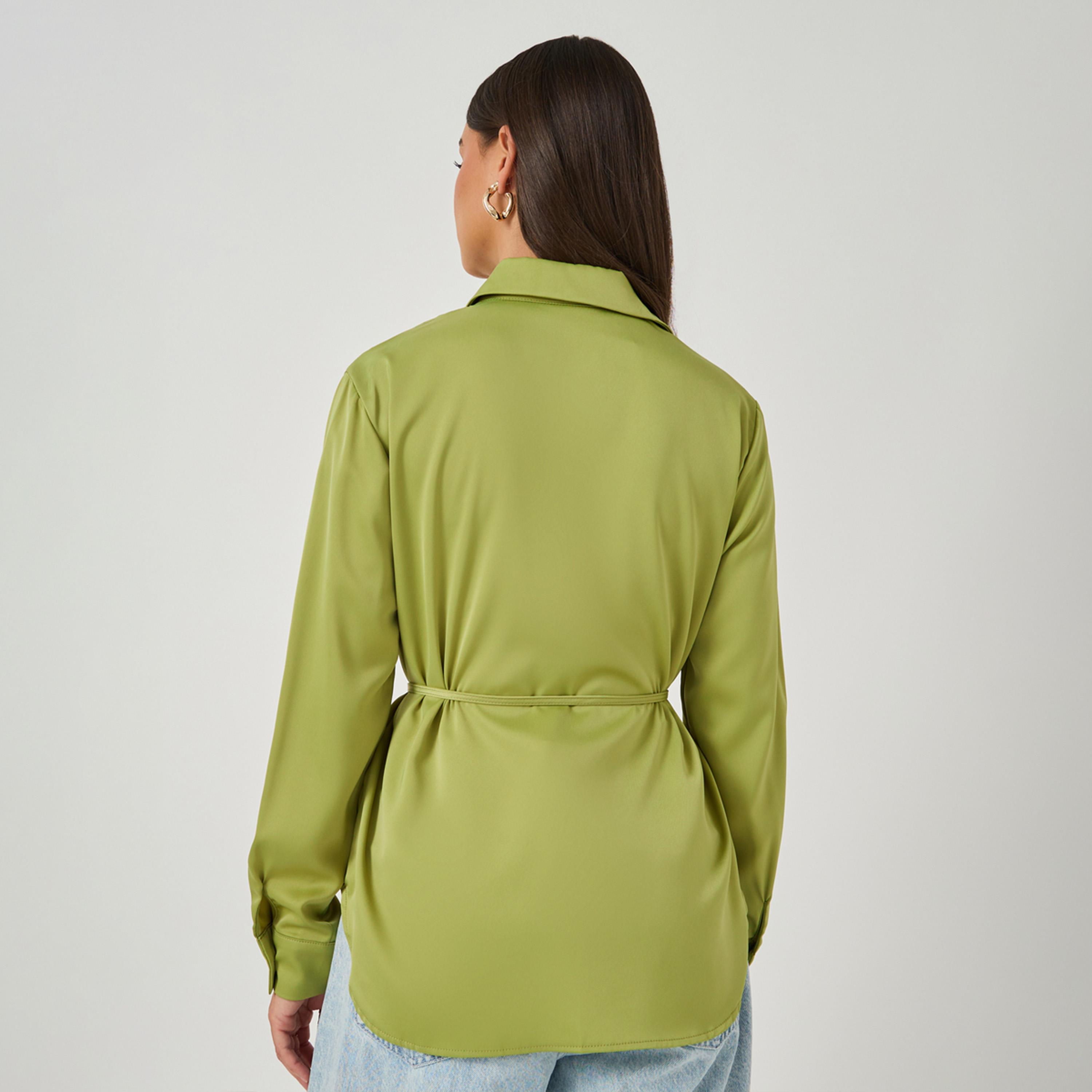 Styli Solid Regular Fit Spread Collar Shirt with Belt Detail-women-clothing-shirtsandblouses-shirts-image-4