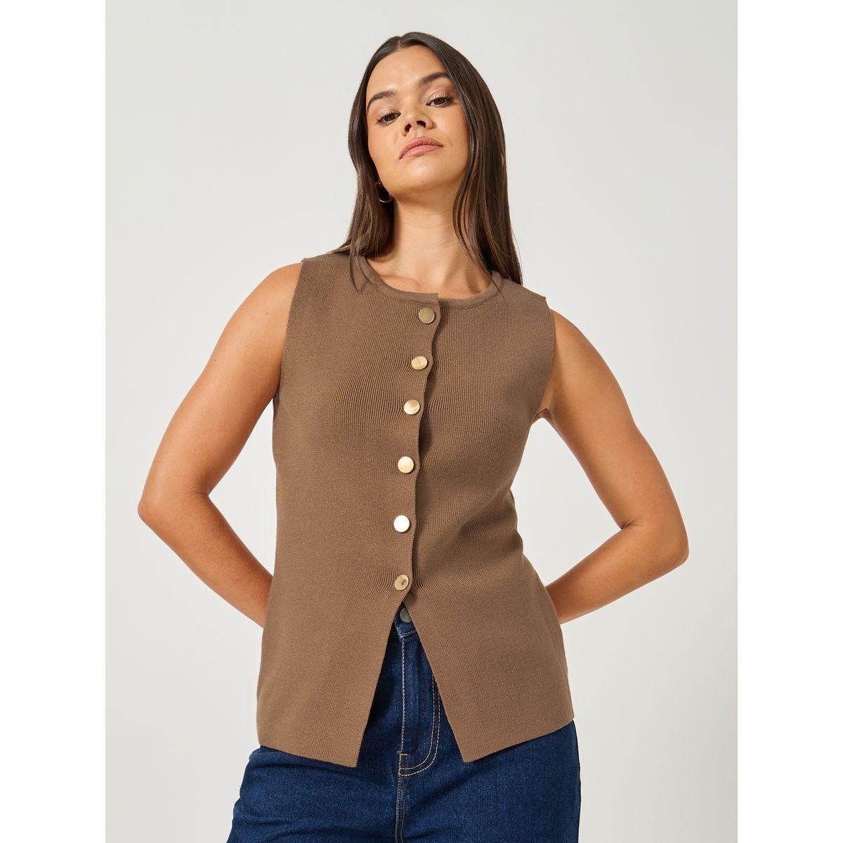 بلوزة محبوكة سادة بلا أكمام-women-clothing-coatsandjackets-waistcoats-image-1
