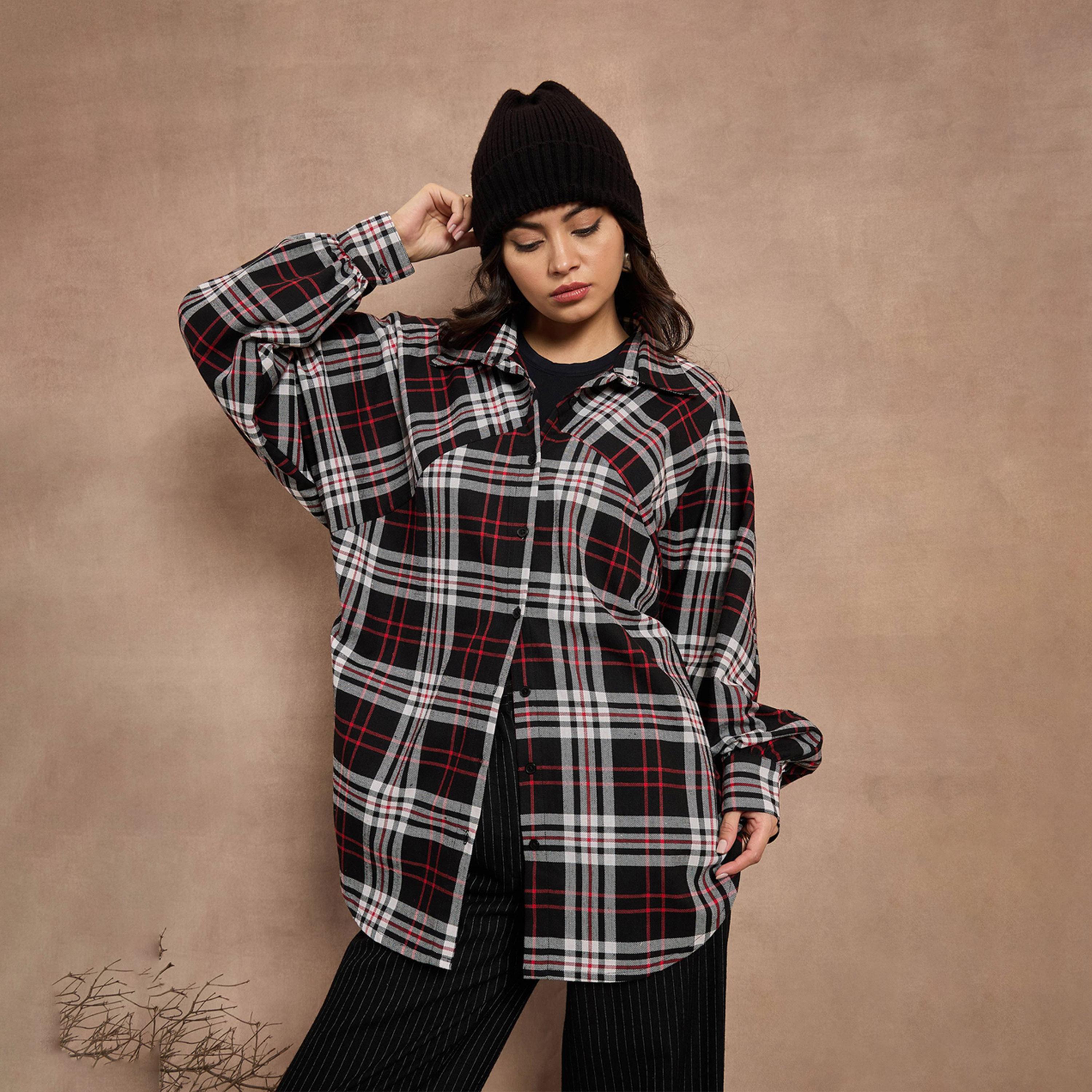 Sassafras X Styli Black and White Checked Oversized Shirt-women-clothing-shirtsandblouses-shirts-image-1