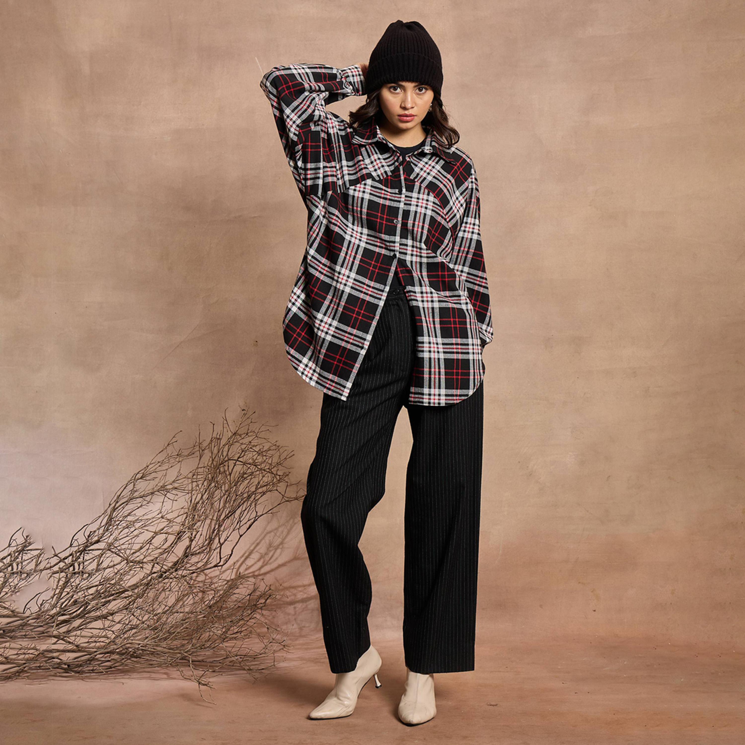 Sassafras X Styli Black and White Checked Oversized Shirt-women-clothing-shirtsandblouses-shirts-image-2