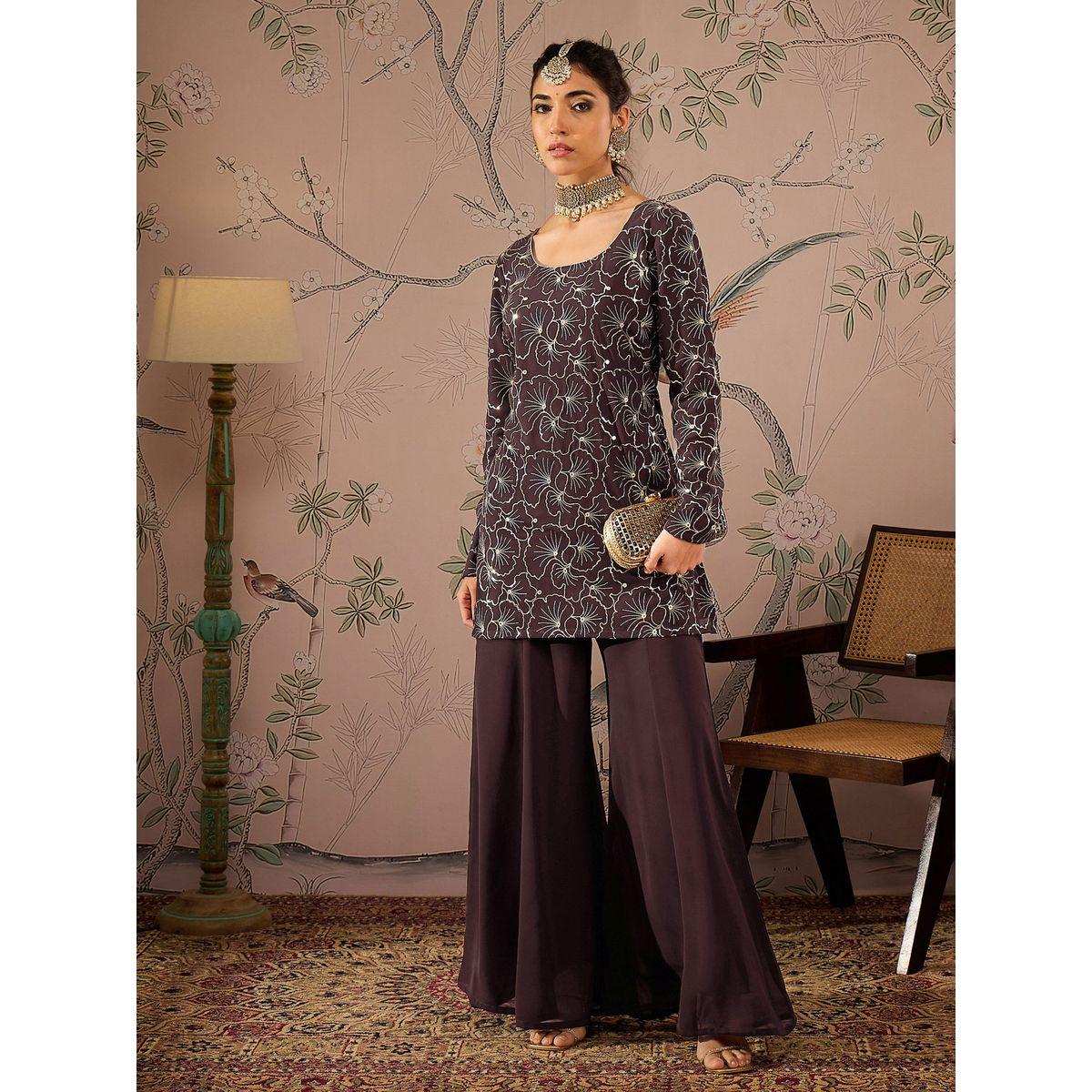 Shae by SASSAFRAS Embroidered Sequin Detail Kurta and Solid Palazzo Pants Set-women-clothing-ethnicwear-kurtasets-image-1