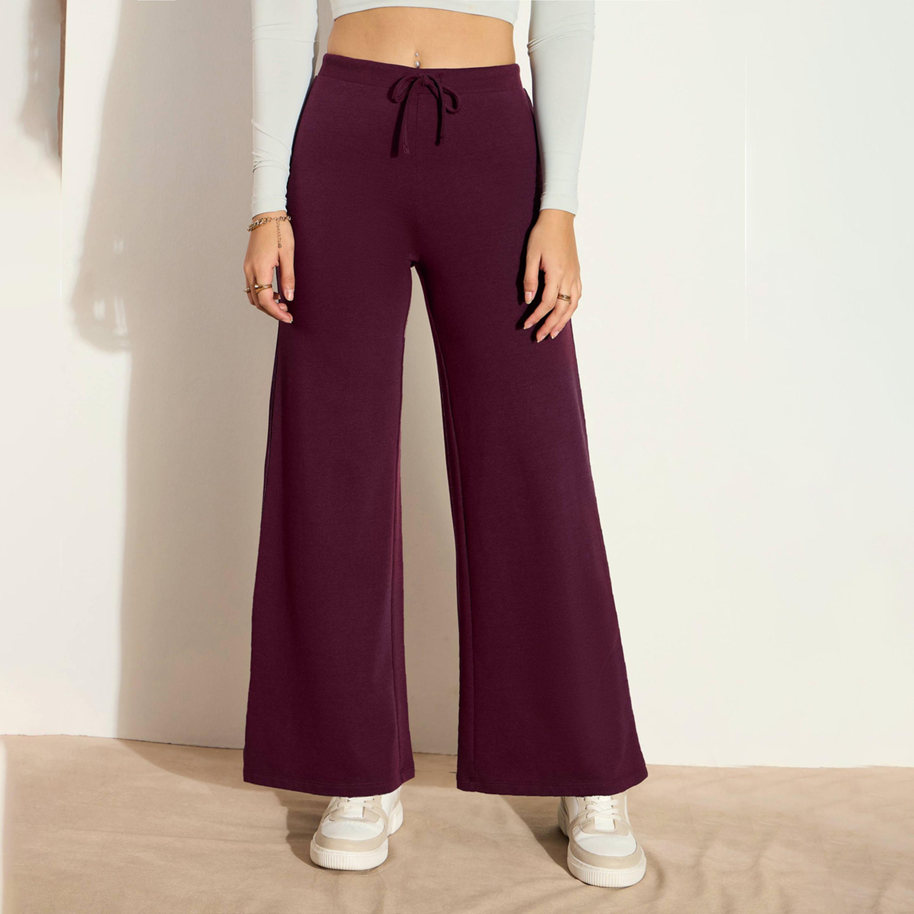 ساسافراس × ستايلي - بنطال رياضي واسع الساق بخصر متوسط الارتفاع من قماش تيري-women-clothing-bottoms-trousers-image-1