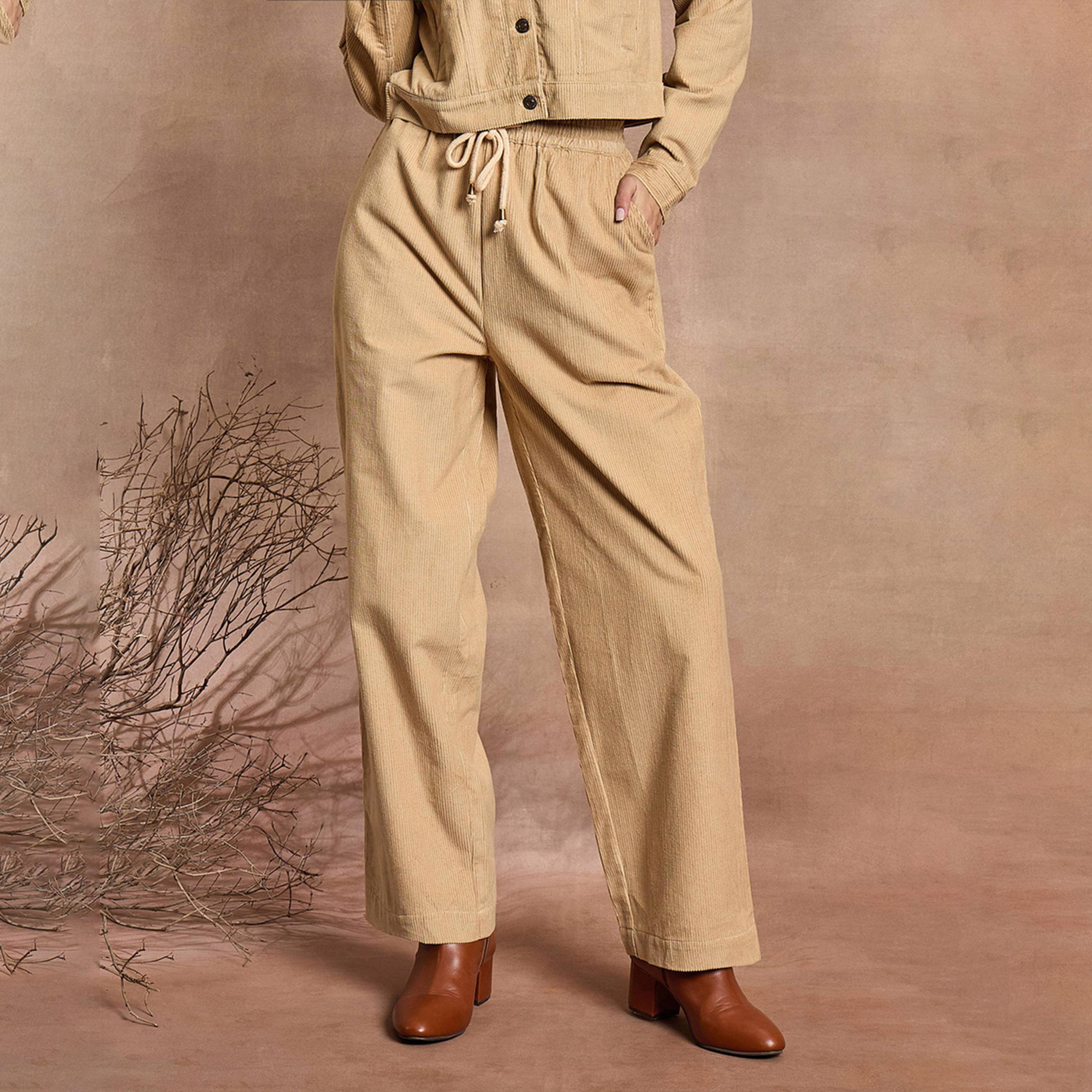 ساسافراس × ستايلي - بنطال مستقيم من قماش كوردروي - بيج-women-clothing-bottoms-trousers-image-1