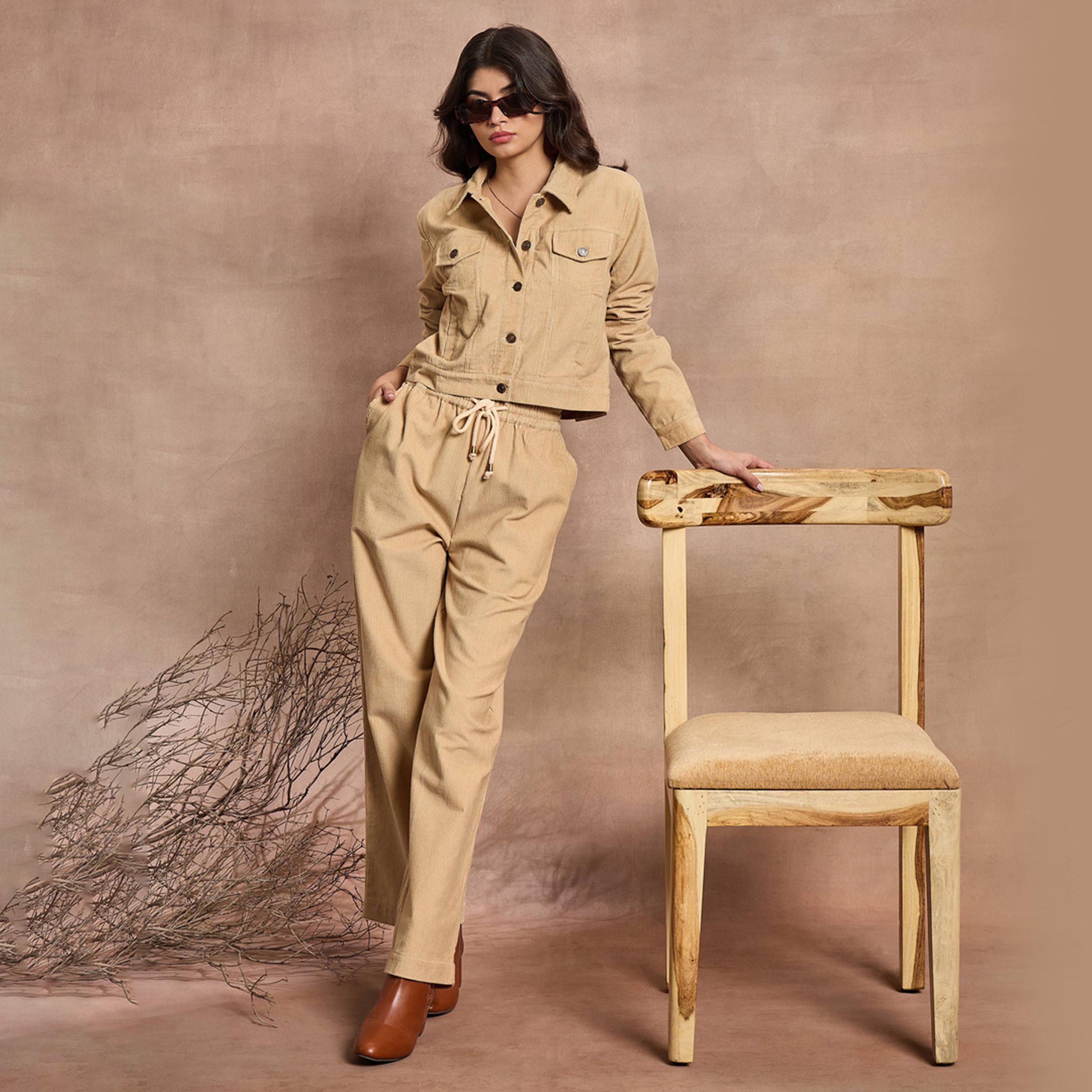 Sassafras X Styli Beige Corduroy Straight Pants-women-clothing-bottoms-trousers-image-2