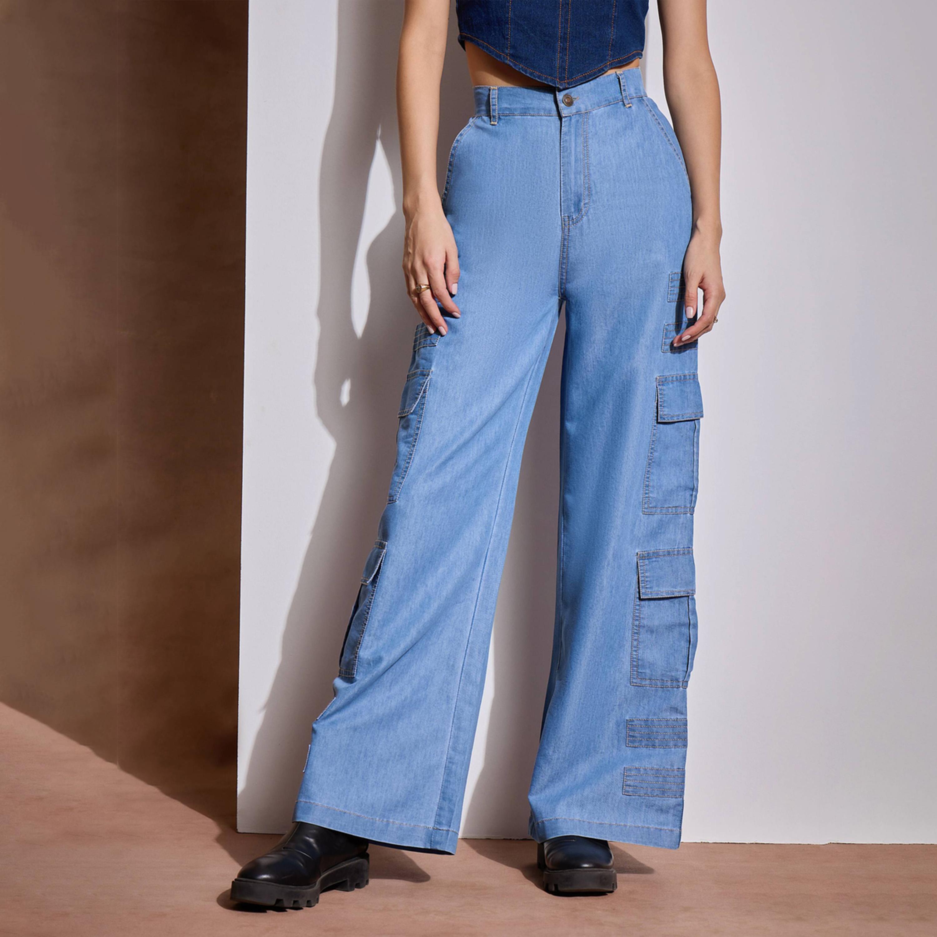 ساسافراس × ستايلي - بنطال كارجو من التنسل بخياطة متباينة - أزرق جليدي-women-clothing-bottoms-trousers-image-1