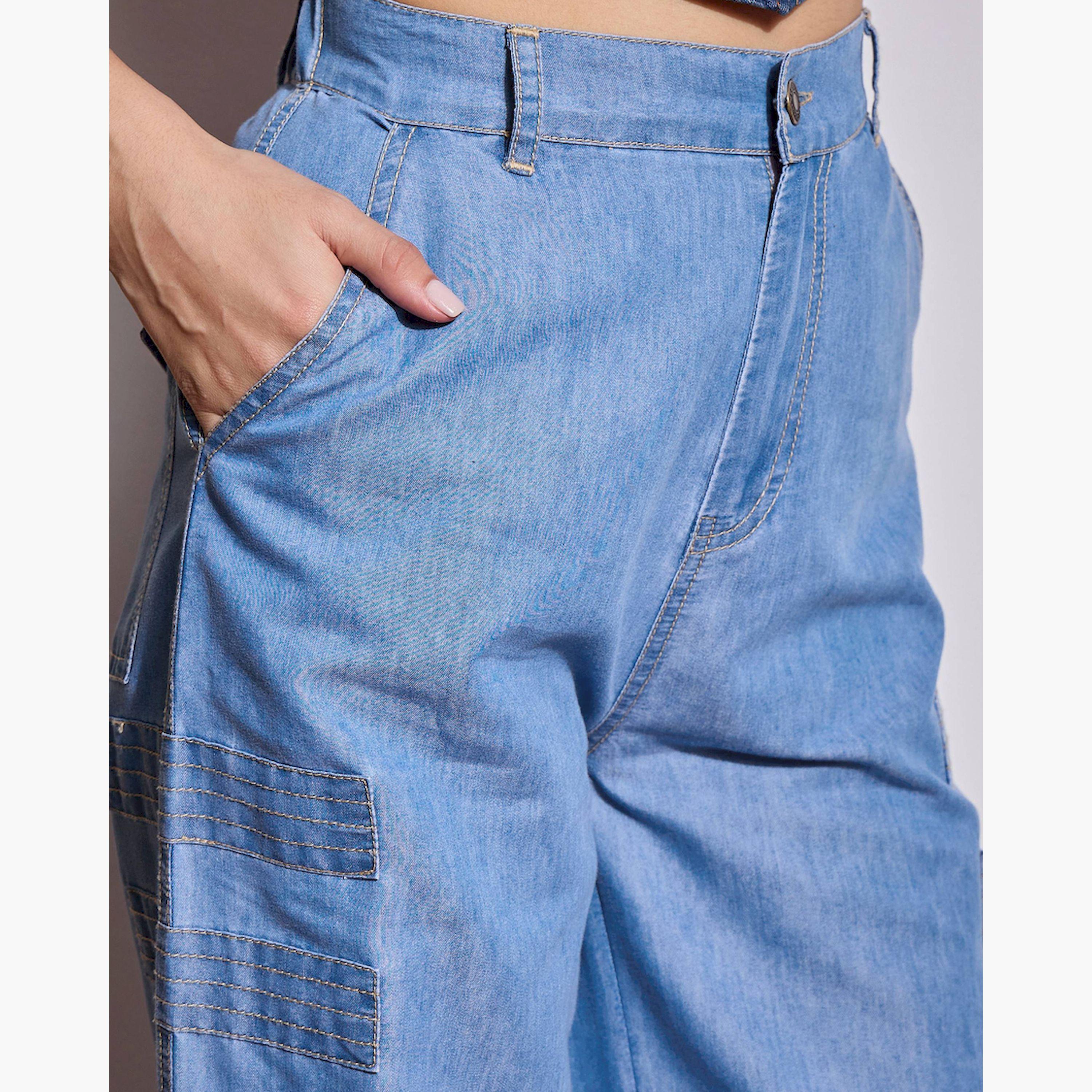 Sassafras X Styli Ice Blue Tencel Contrast Stitch Cargo Pants-women-clothing-bottoms-trousers-image-4