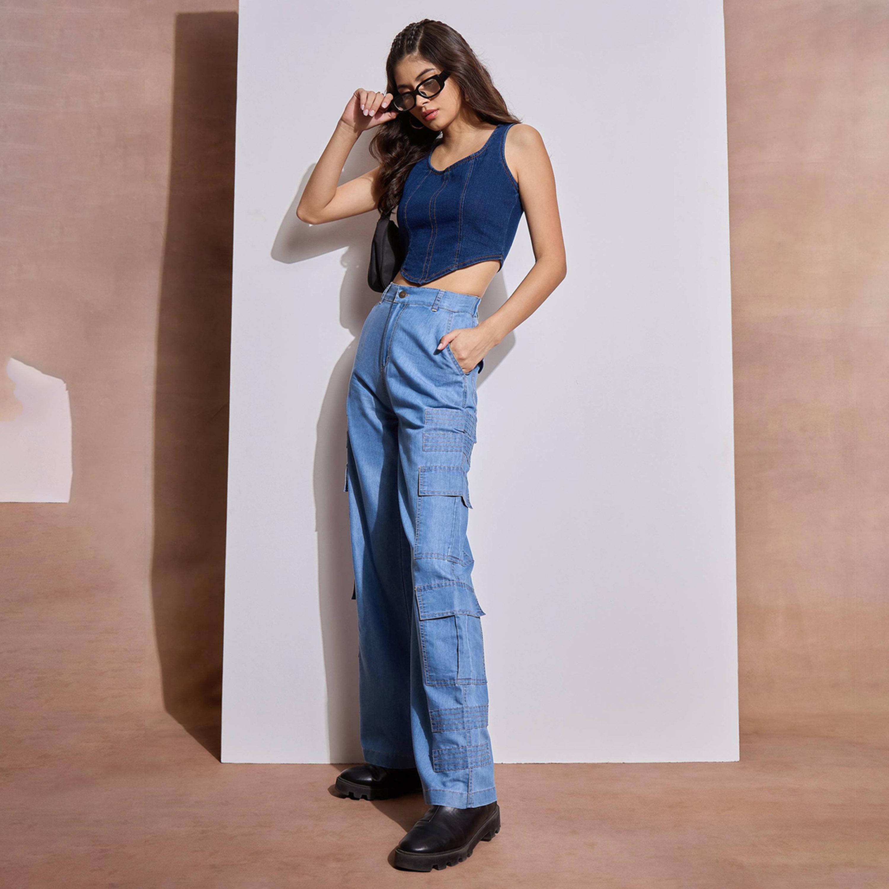 ساسافراس × ستايلي - بنطال كارجو من التنسل بخياطة متباينة - أزرق جليدي-women-clothing-bottoms-trousers-image-9