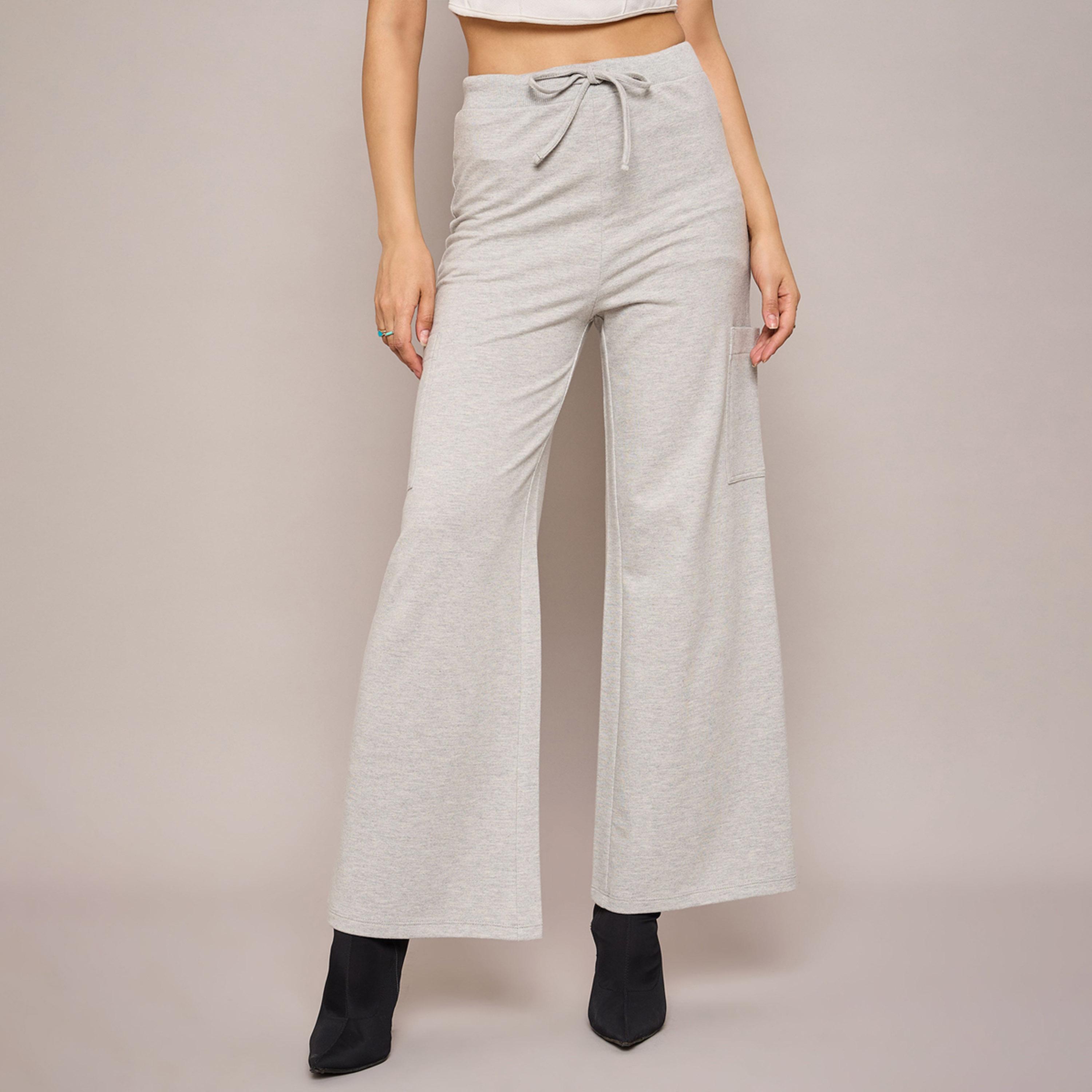 Sassafras X Styli Grey Melange Terry Wide Leg Track Pants-women-clothing-bottoms-joggers-image-1