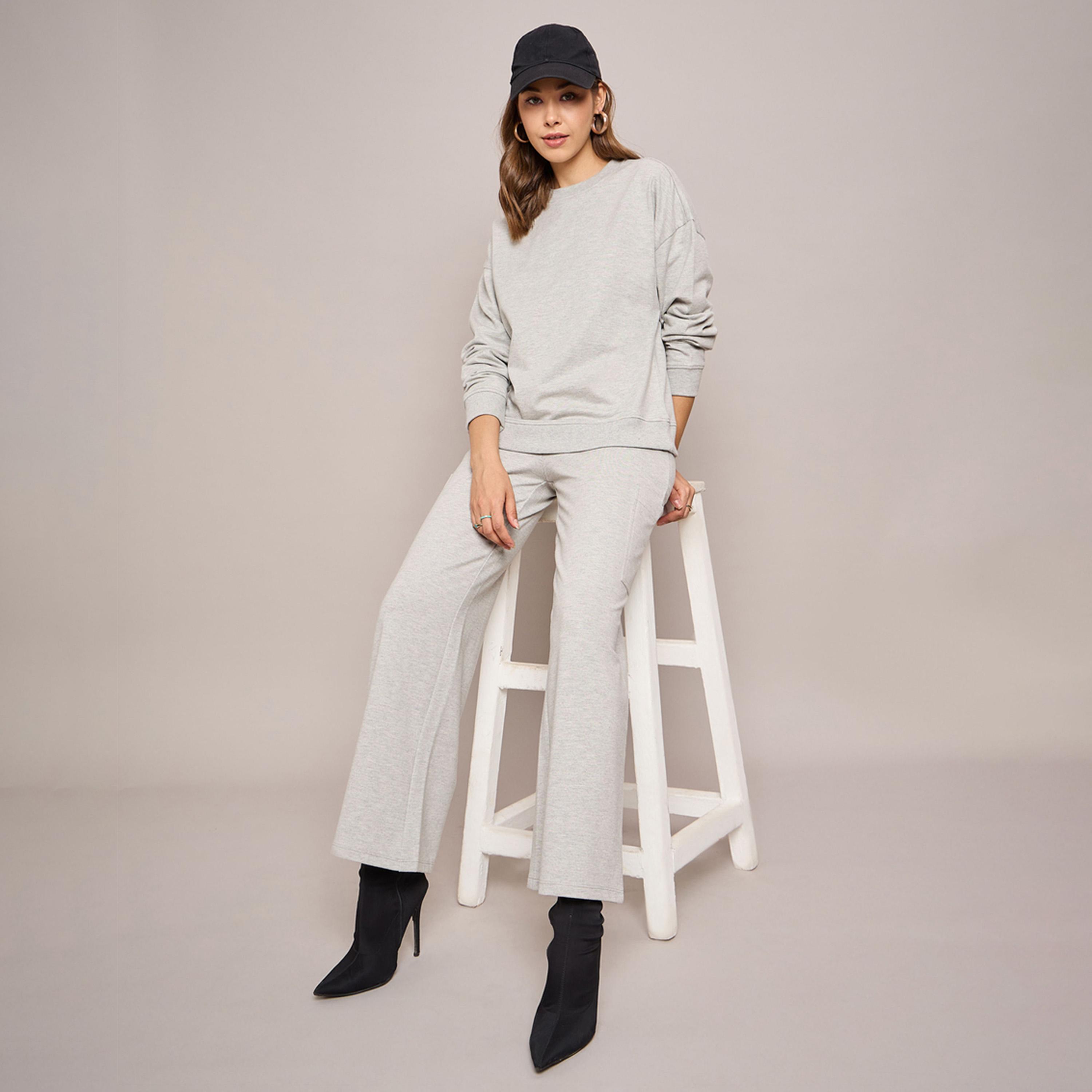 Sassafras X Styli Grey Melange Terry Wide Leg Track Pants-women-clothing-bottoms-joggers-image-2