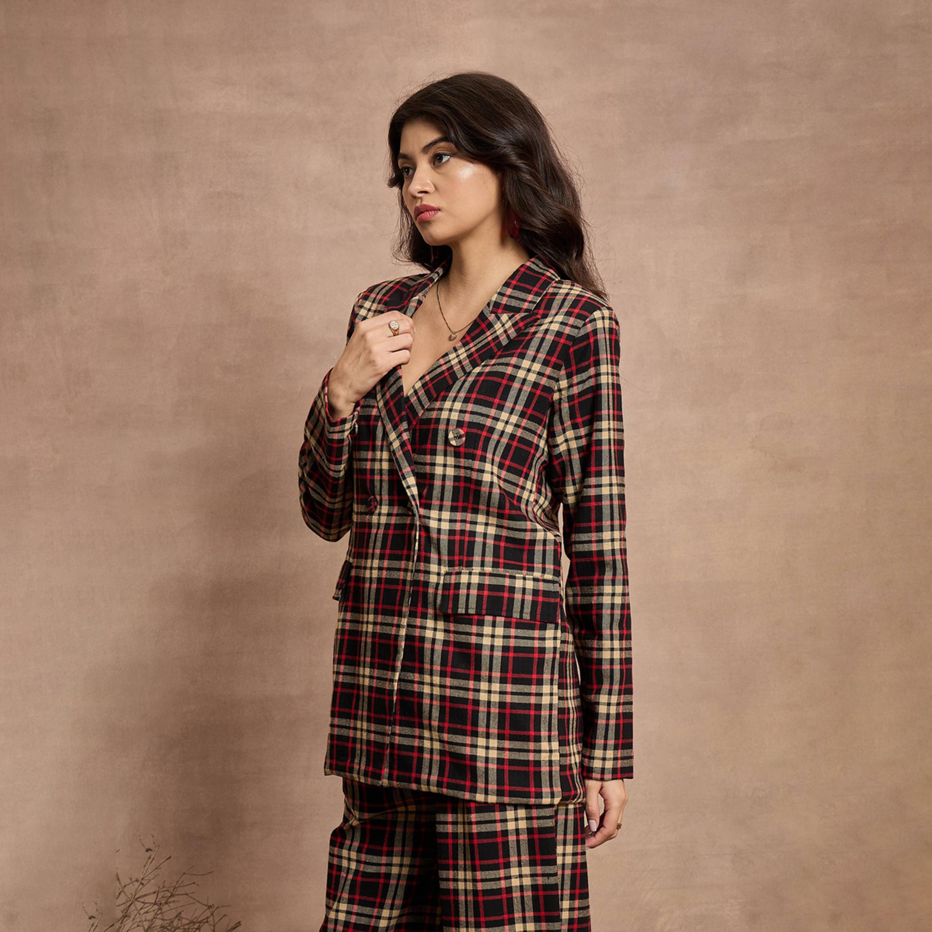 Sassafras X Styli Checked Double Breasted Notch Label Blazer-women-clothing-coatsandjackets-blazers-image-3