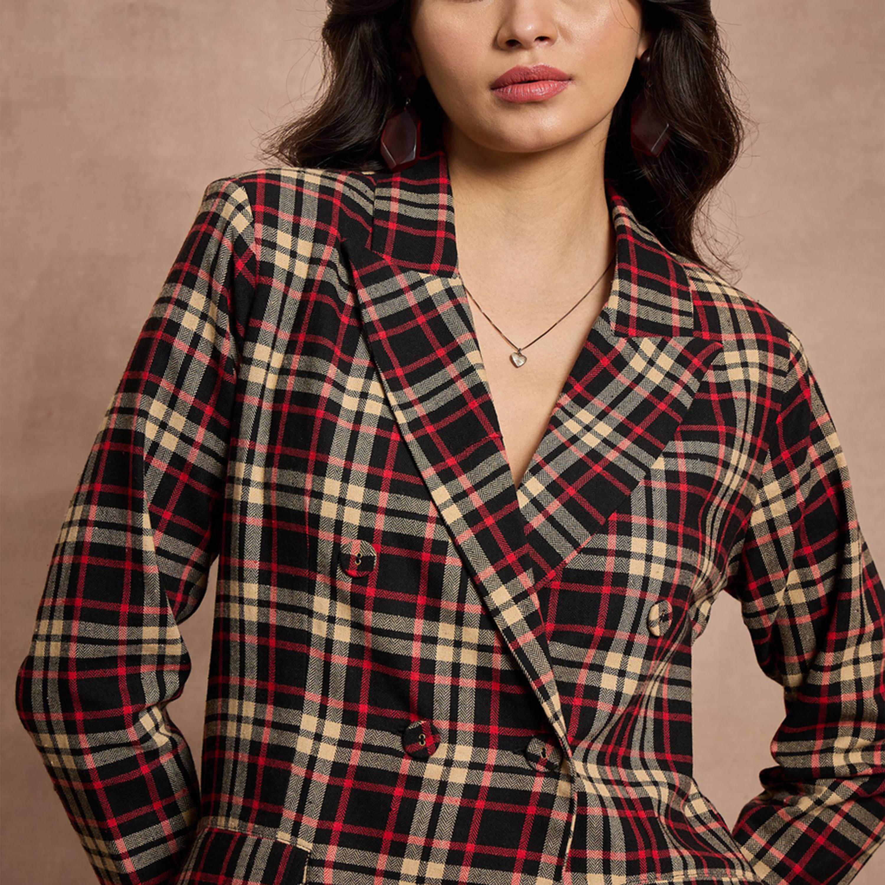 Sassafras X Styli Checked Double Breasted Notch Label Blazer-women-clothing-coatsandjackets-blazers-image-4