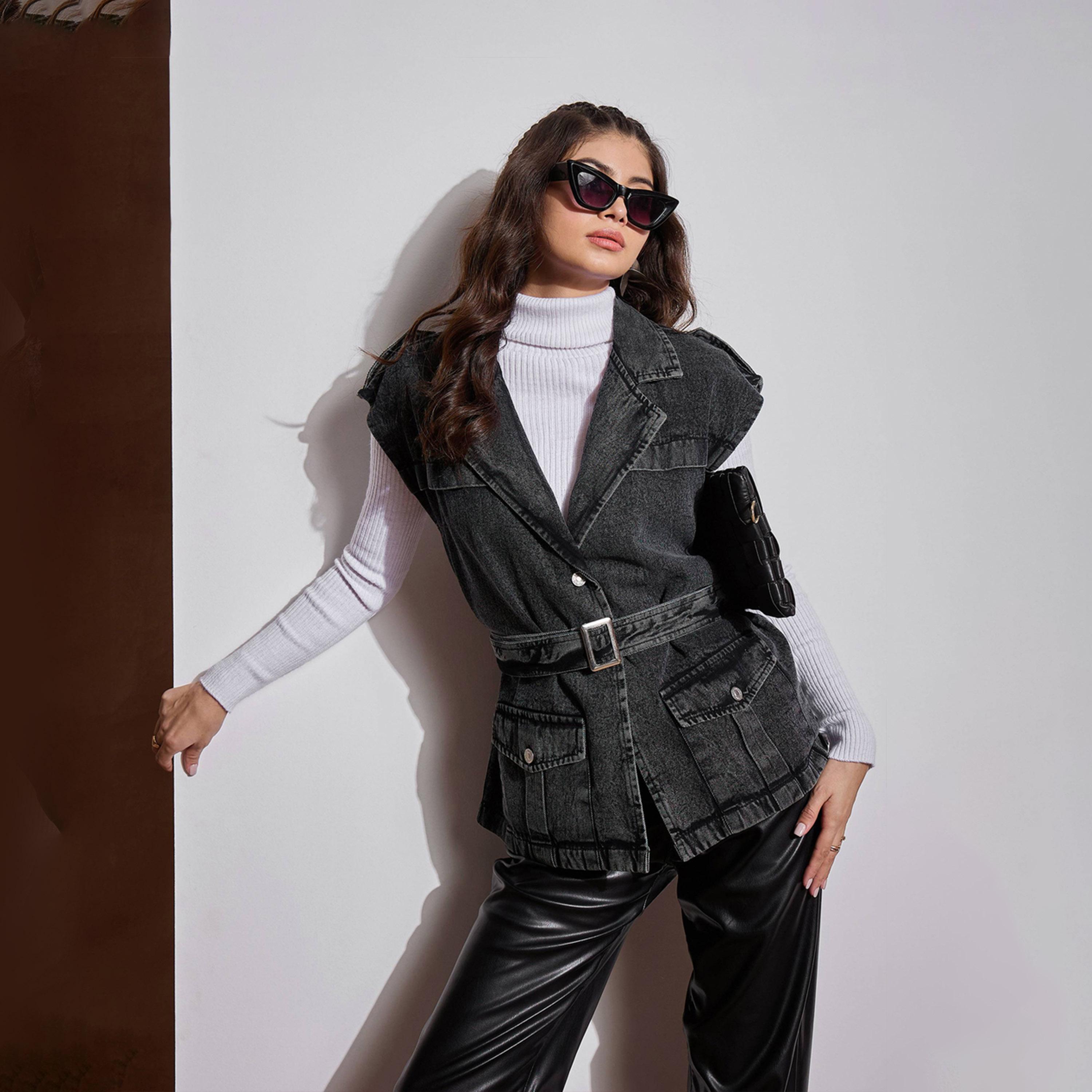 Sassafras X Styli Acid Washed Pocket Detail Sleeveless Belted Jacket-women-winterwear-coatsandjackets-jackets-image-1