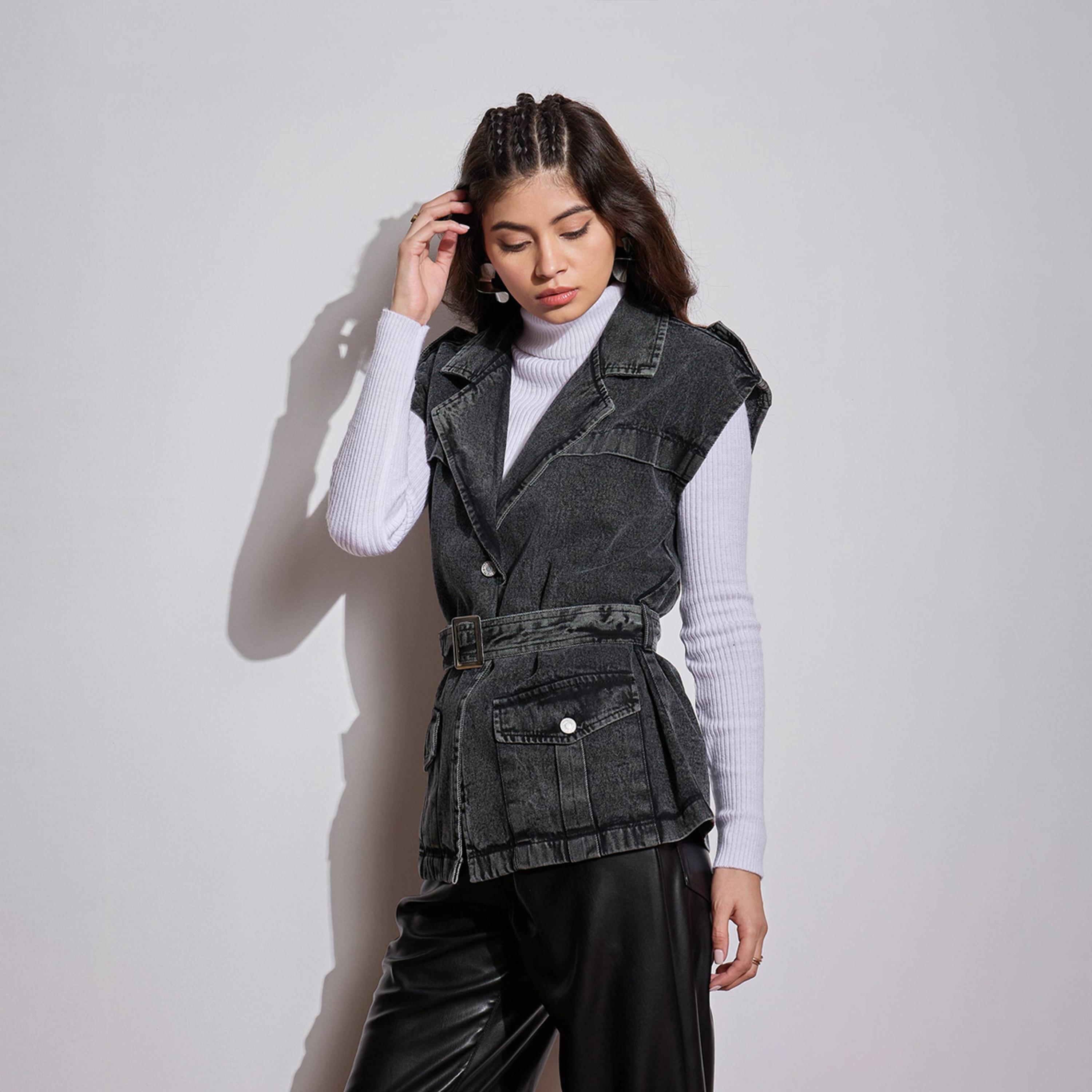 Sassafras X Styli Acid Washed Pocket Detail Sleeveless Belted Jacket-women-winterwear-coatsandjackets-jackets-image-3