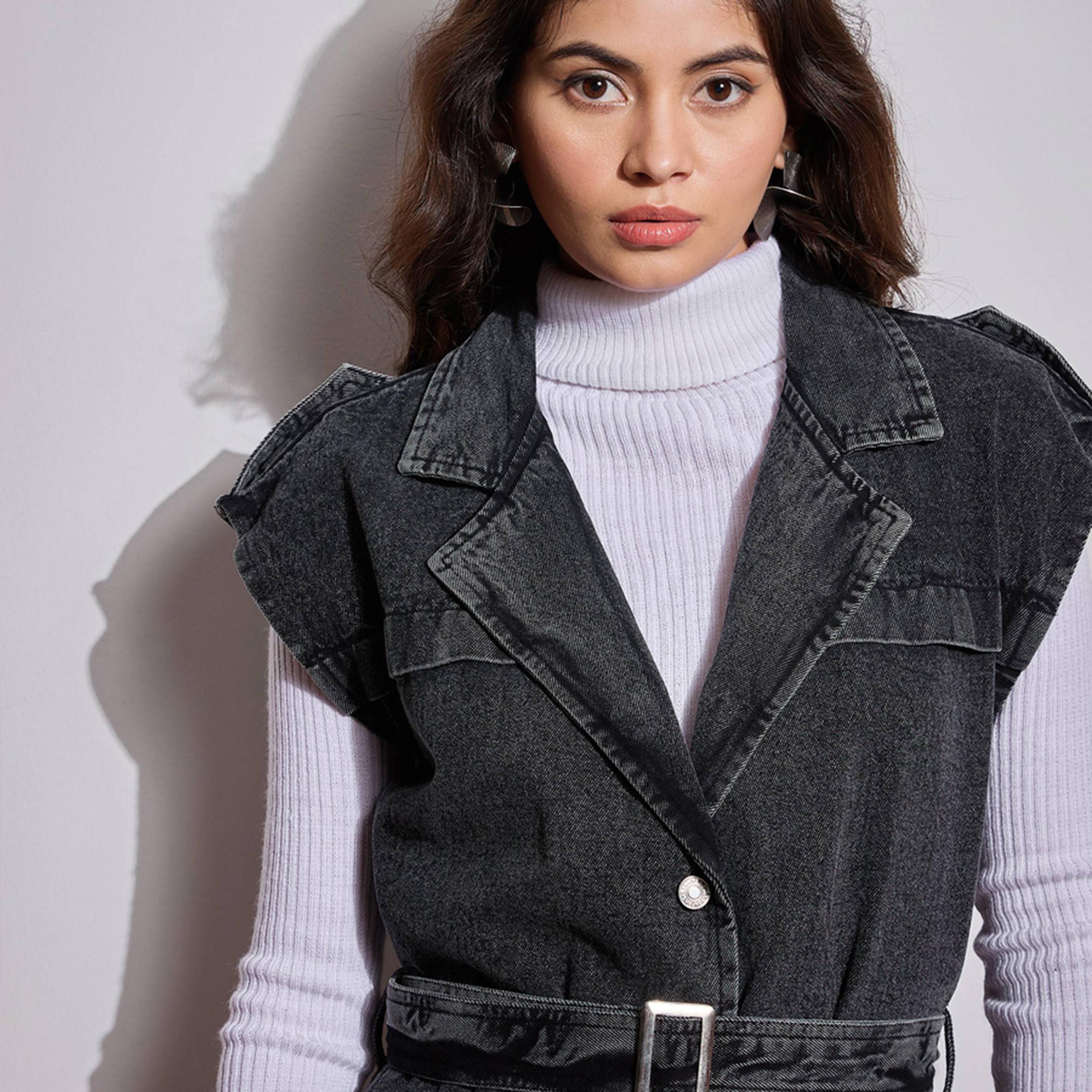 Sassafras X Styli Acid Washed Pocket Detail Sleeveless Belted Jacket-women-winterwear-coatsandjackets-jackets-image-4
