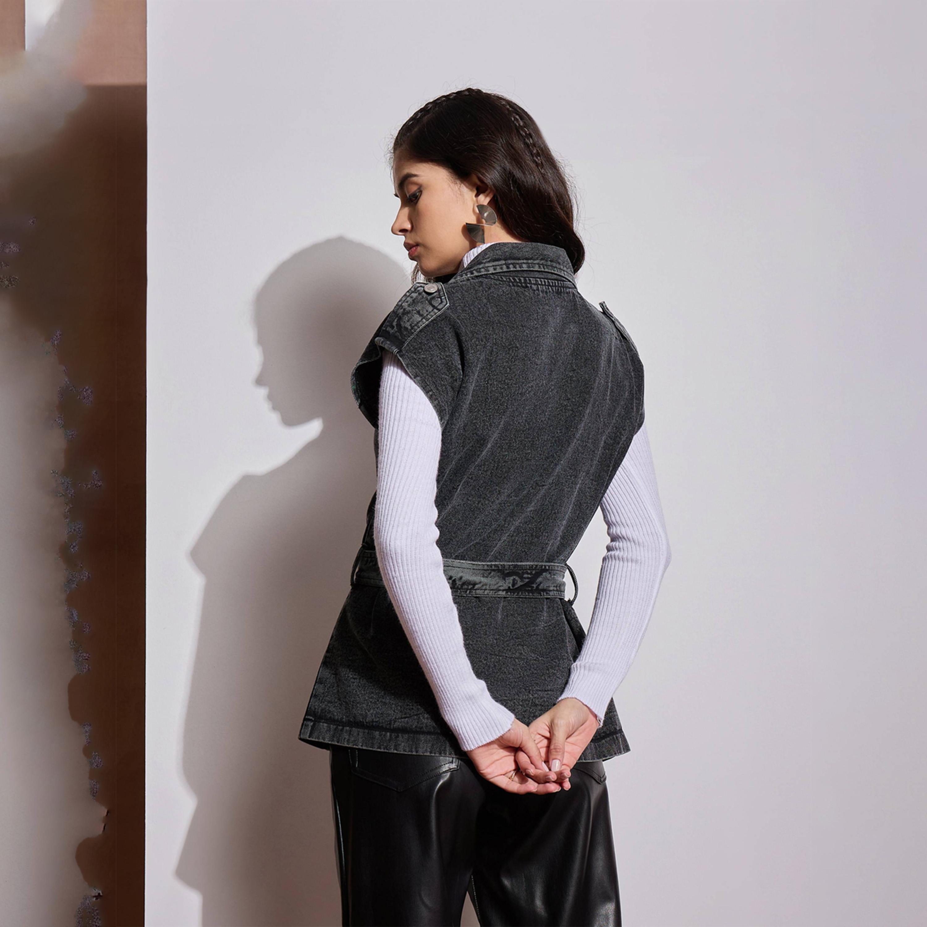 Sassafras X Styli Acid Washed Pocket Detail Sleeveless Belted Jacket-women-winterwear-coatsandjackets-jackets-image-5