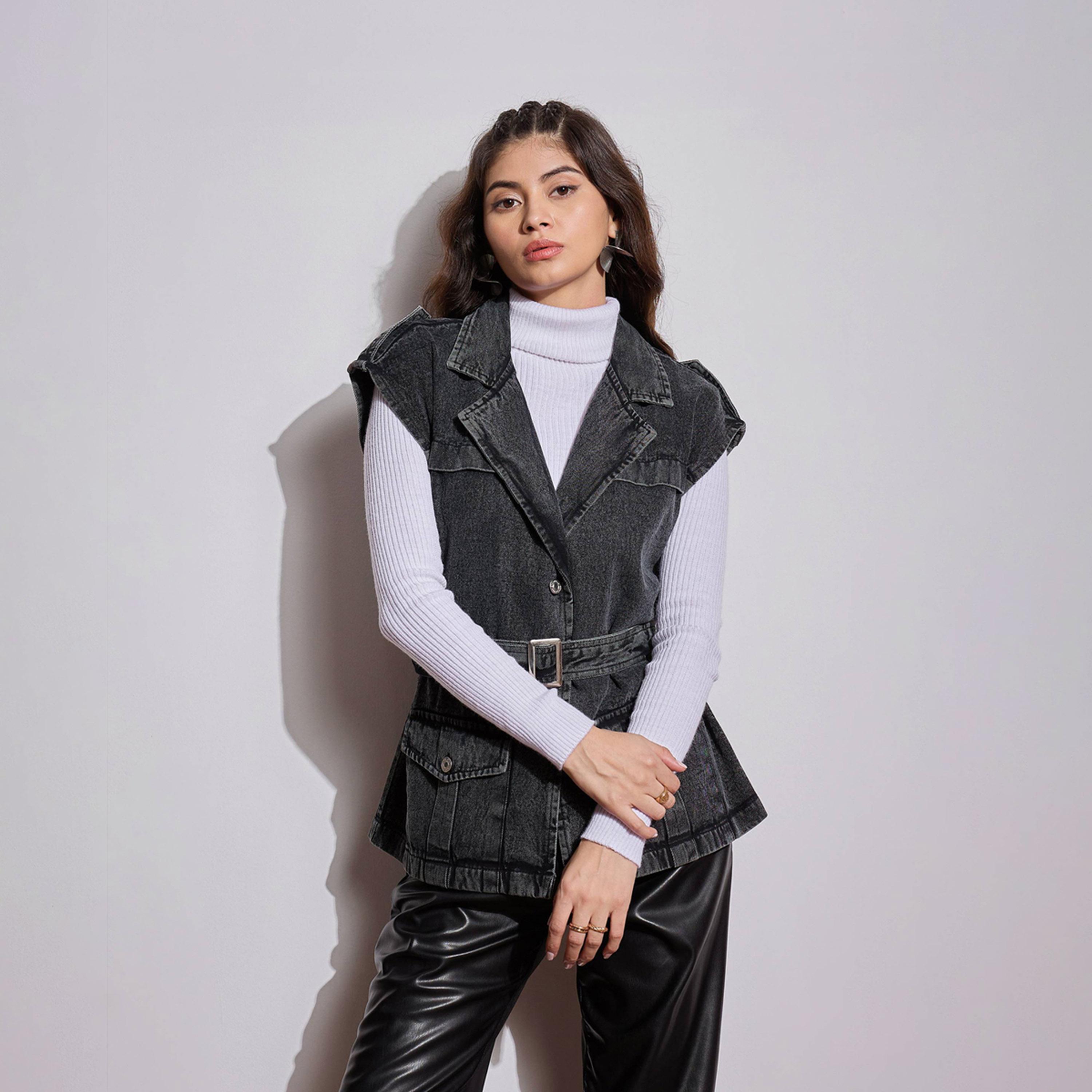 Sassafras X Styli Acid Washed Pocket Detail Sleeveless Belted Jacket-women-winterwear-coatsandjackets-jackets-image-8