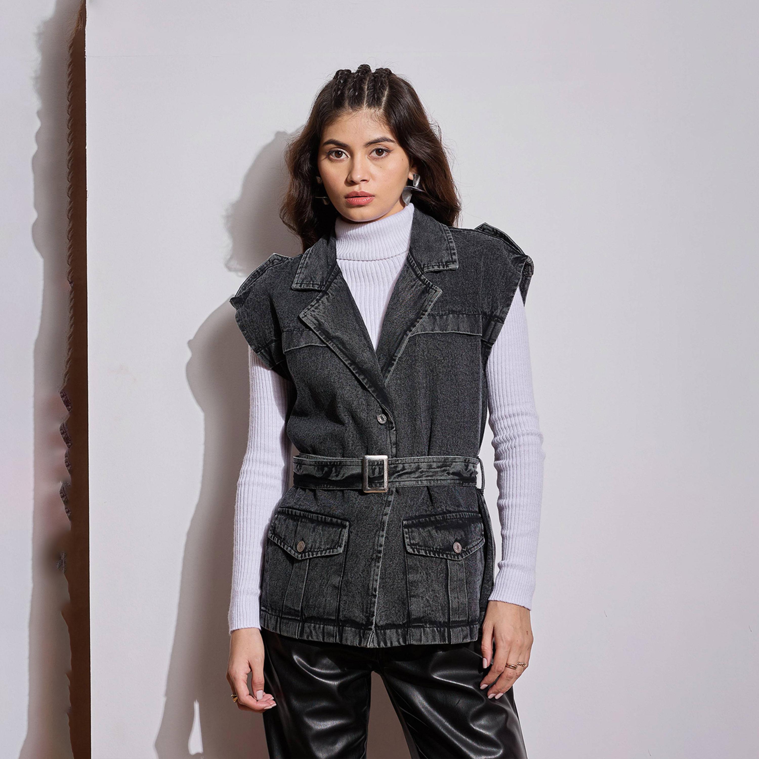 Sassafras X Styli Acid Washed Pocket Detail Sleeveless Belted Jacket-women-winterwear-coatsandjackets-jackets-image-9