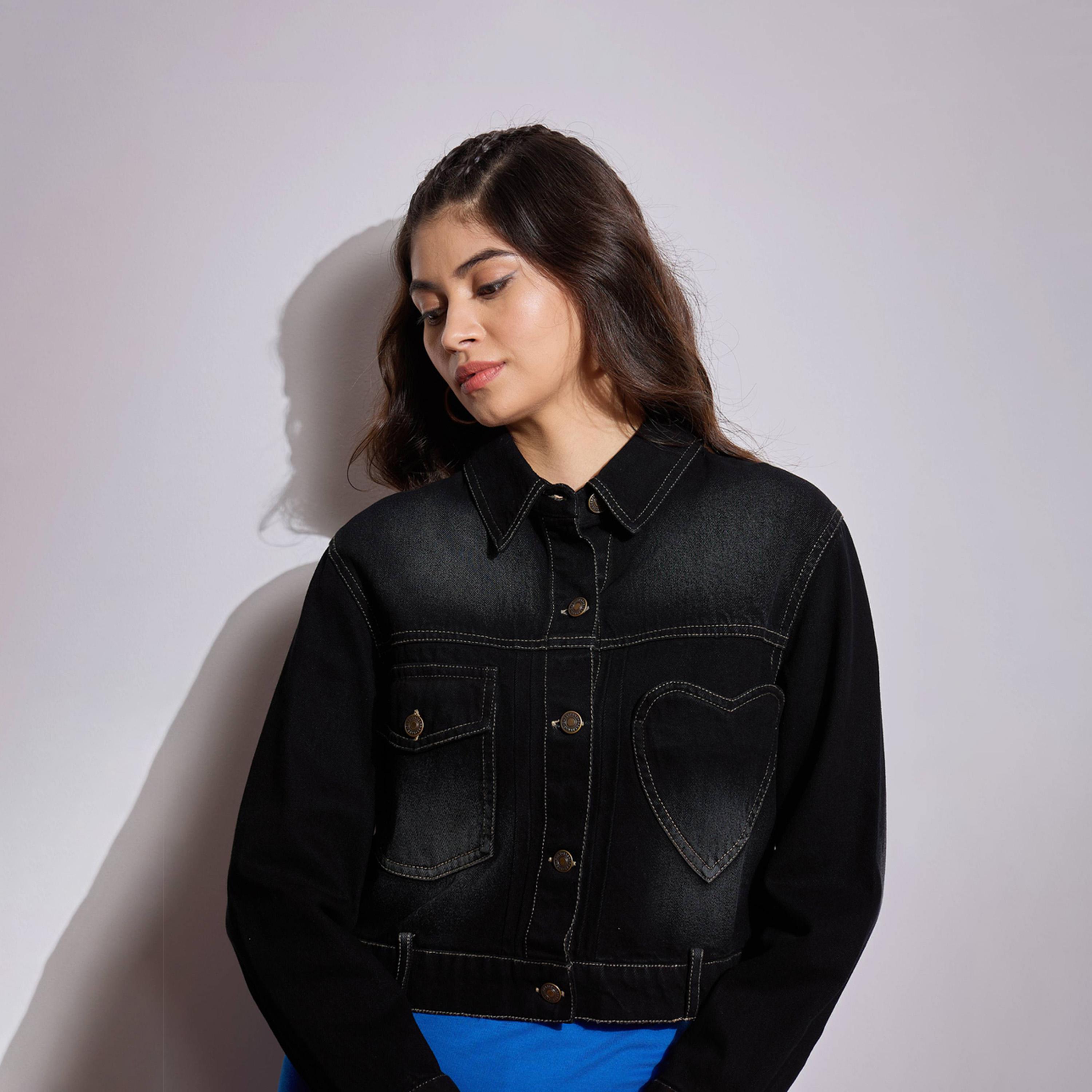 Sassafras X Styli Black Denim Heart Pockets Crop Jacket-women-winterwear-coatsandjackets-jackets-image-1
