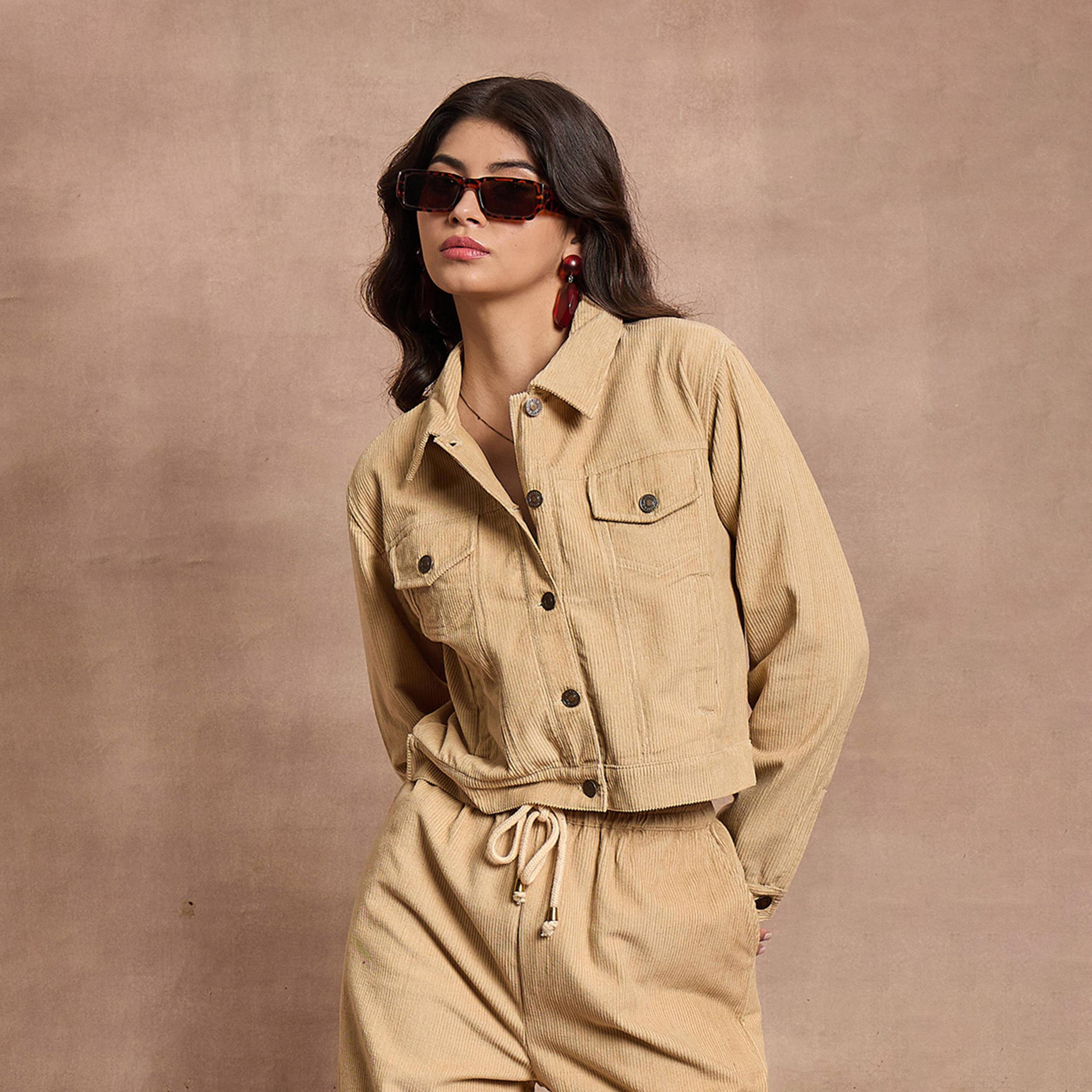 Sassafras X Styli Beige Corduroy Full Sleeve Jacket-women-winterwear-coatsandjackets-jackets-image-10