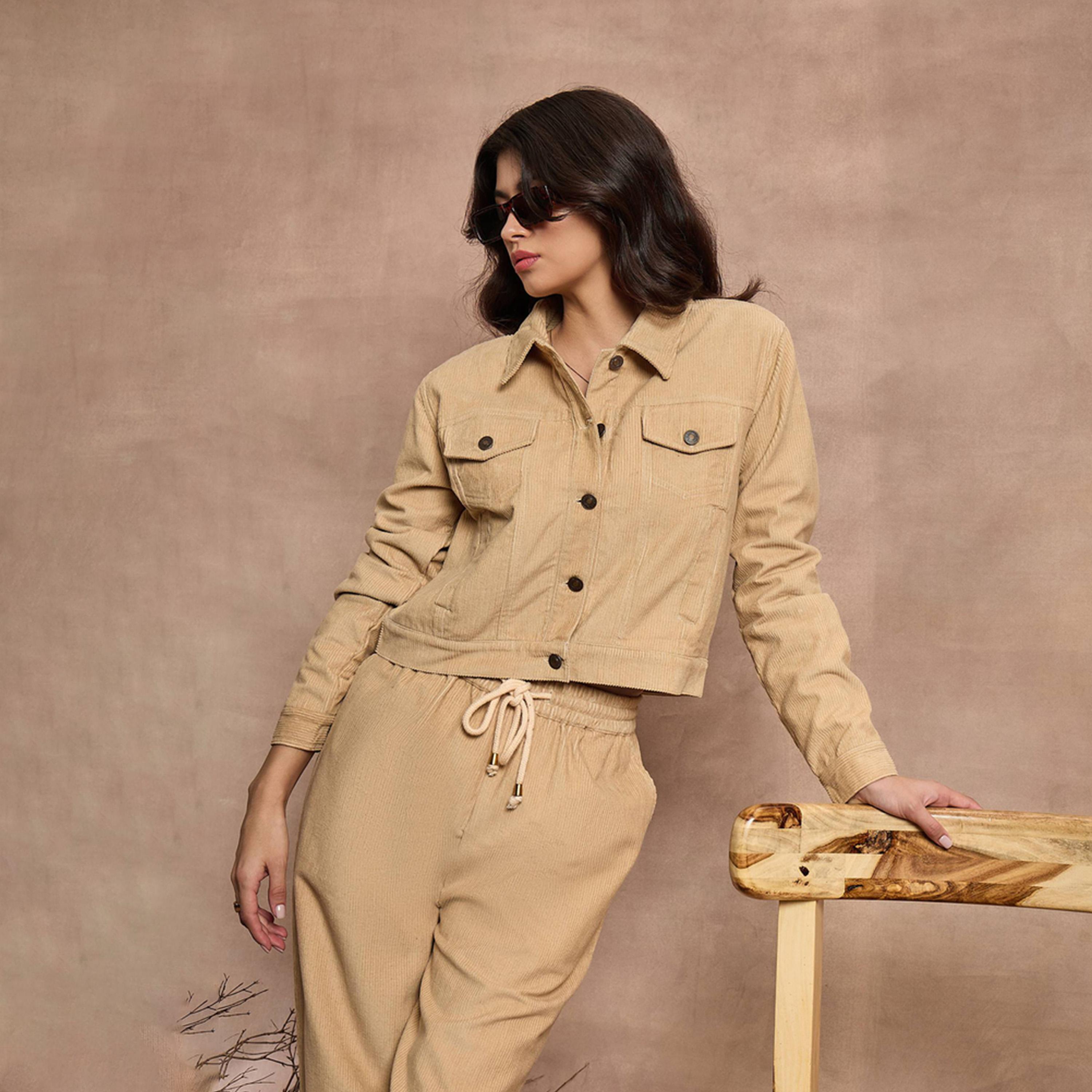 Sassafras X Styli Beige Corduroy Full Sleeve Jacket-women-winterwear-coatsandjackets-jackets-image-2