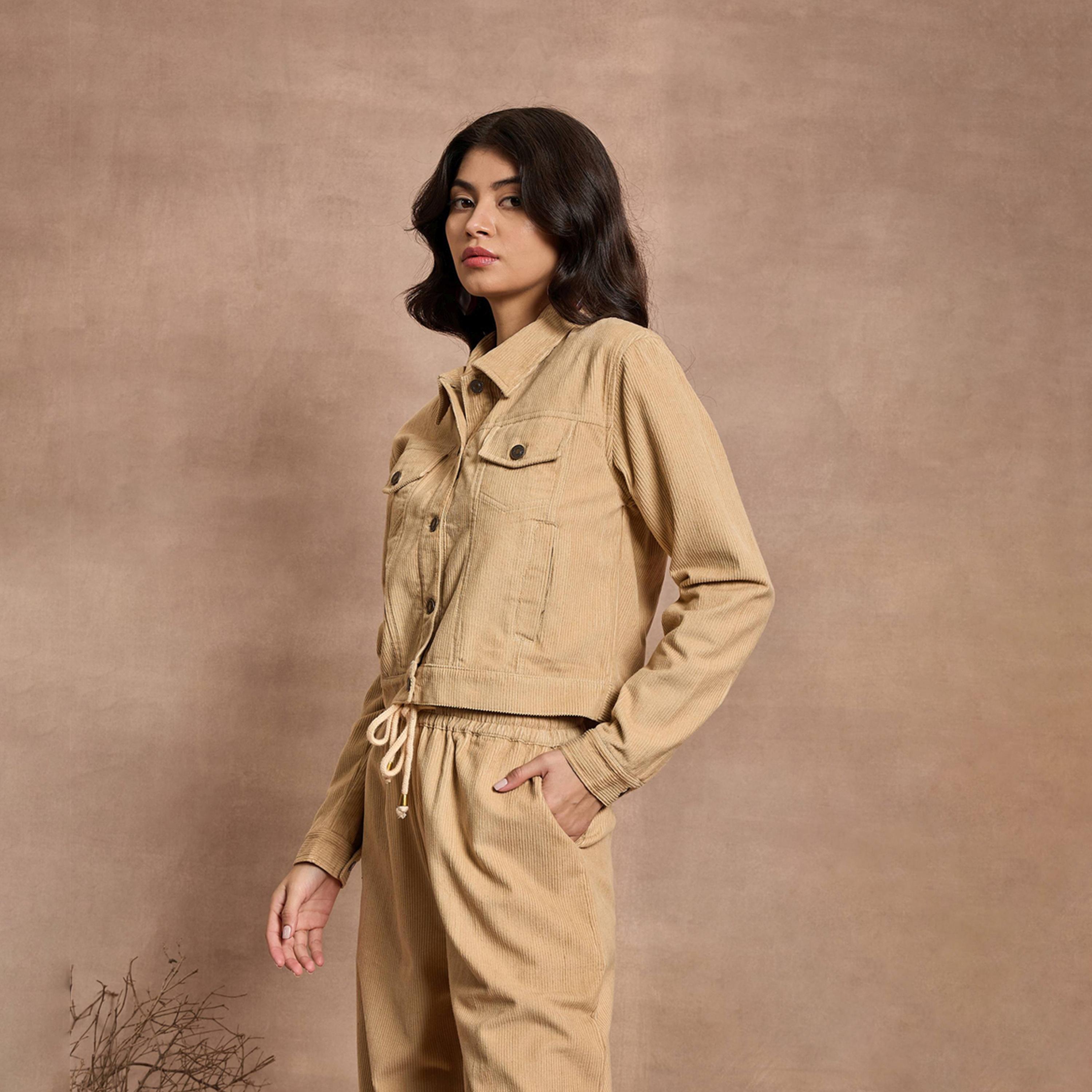 Sassafras X Styli Beige Corduroy Full Sleeve Jacket-women-winterwear-coatsandjackets-jackets-image-3