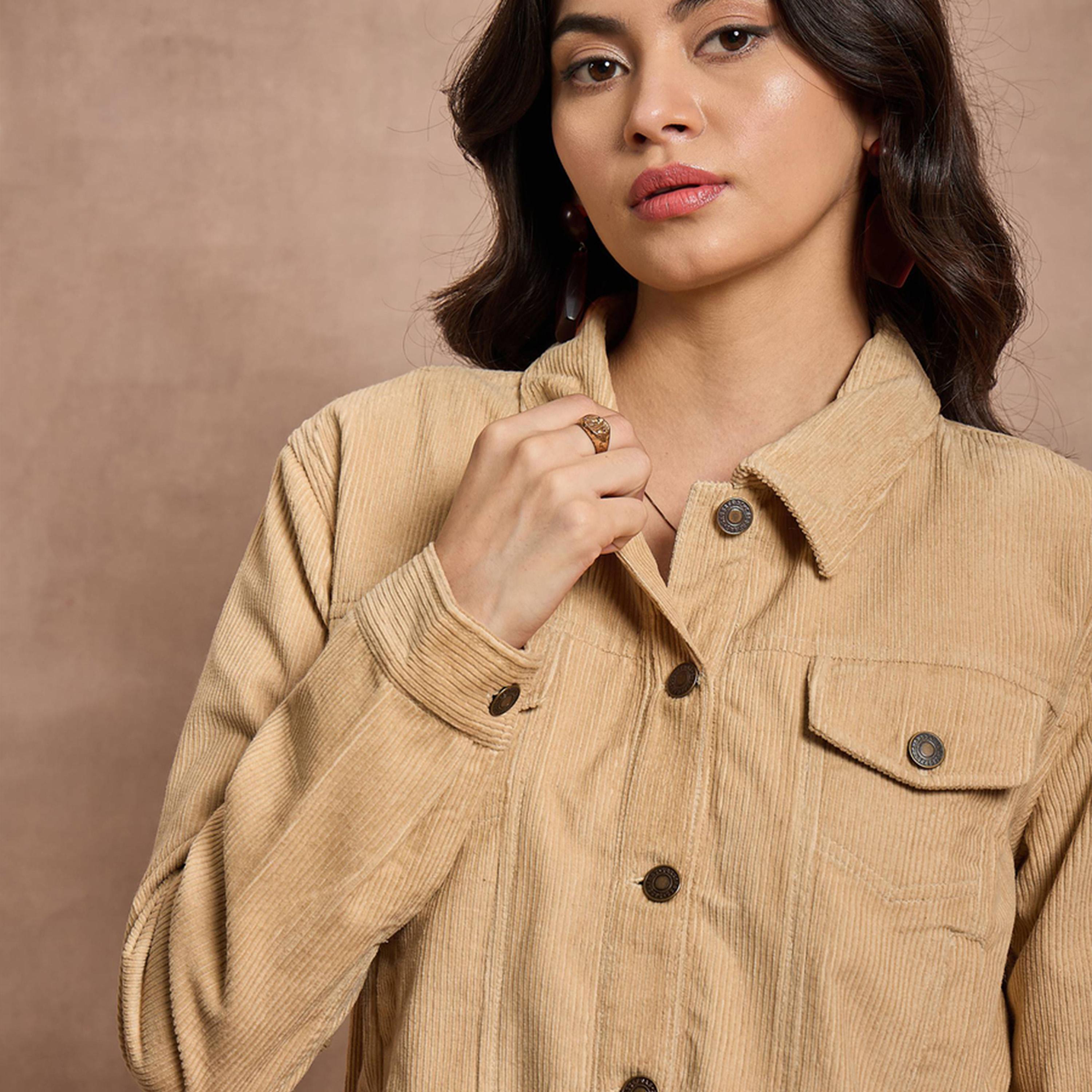 Sassafras X Styli Beige Corduroy Full Sleeve Jacket-women-winterwear-coatsandjackets-jackets-image-4
