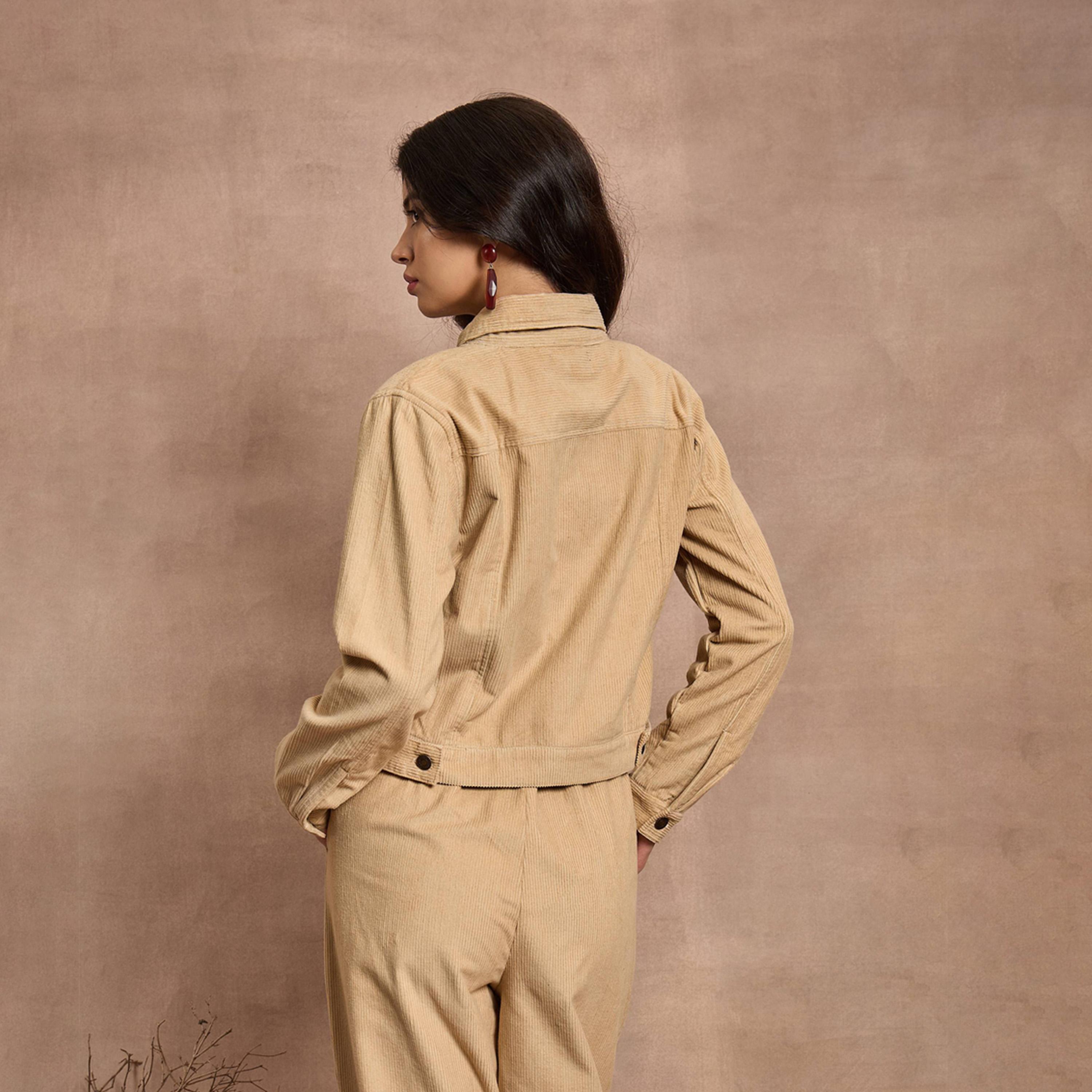 Sassafras X Styli Beige Corduroy Full Sleeve Jacket-women-winterwear-coatsandjackets-jackets-image-6